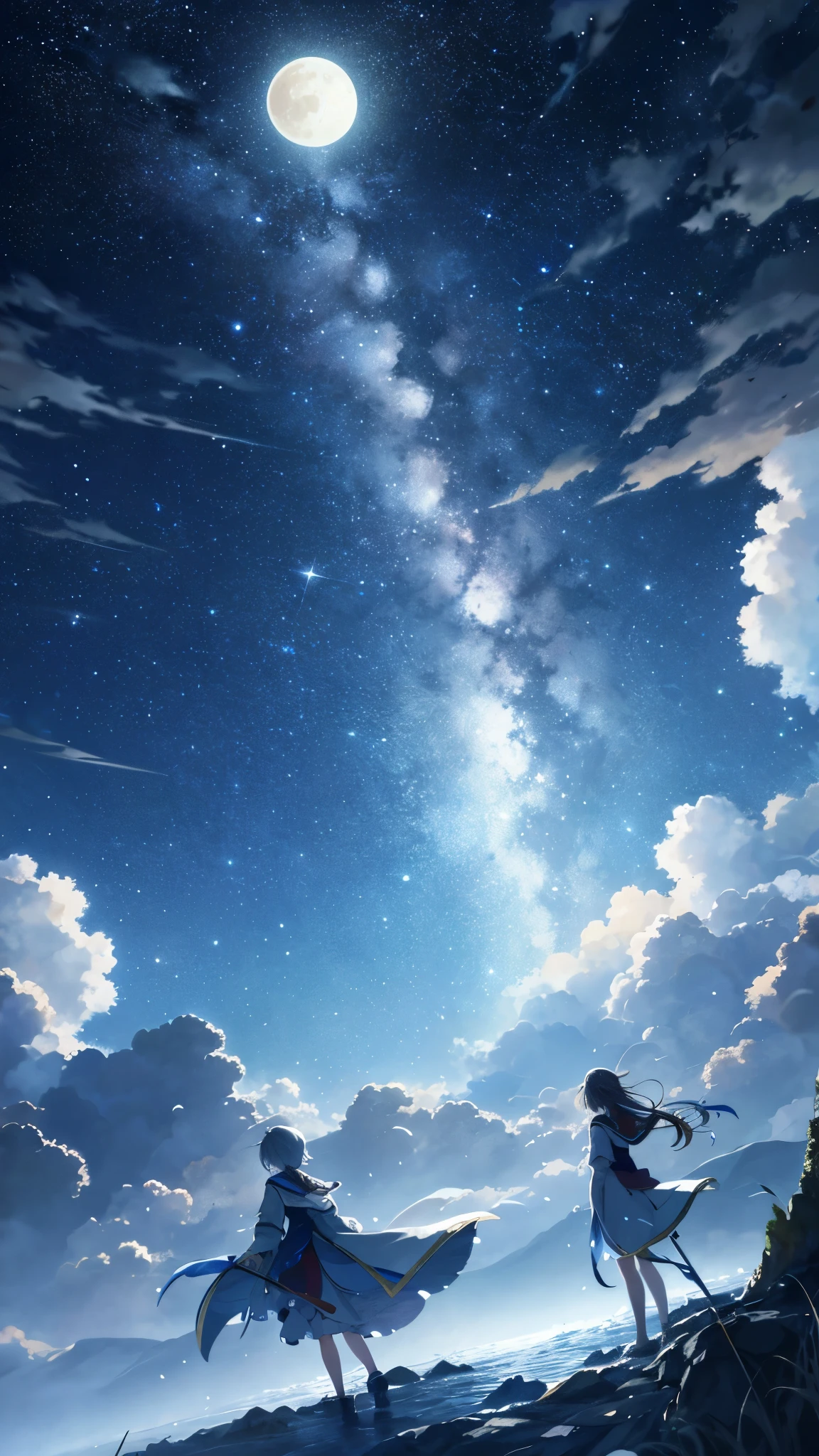 Wear a river picture, stars in the sky, and the moon、Condensed beauty, Concept art inspired by Mitsuoki Tosa, Pixiv contest winners, highest quality, fantasy art, beautiful anime scene, Bright round moon, starry sky environment in the moonlight, Dream Painting, anime background art, dream scenery art, wonderful night, anime background, Background artwork, great art, Atmospheric anime, starry sky, Enhanced details.  