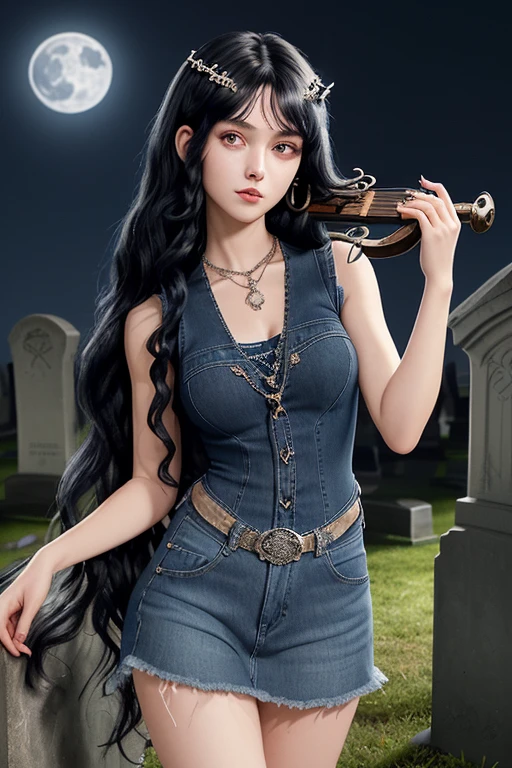 20 year old woman long curly black hair with a hair clip in the shape of a seashell sleeveless denim vest dark blue dress with moon decoration sexy complexion blue denim pants looking straight at the viewer on a background of a cemetery at night while holding a lyre sea shell belt clam medallion