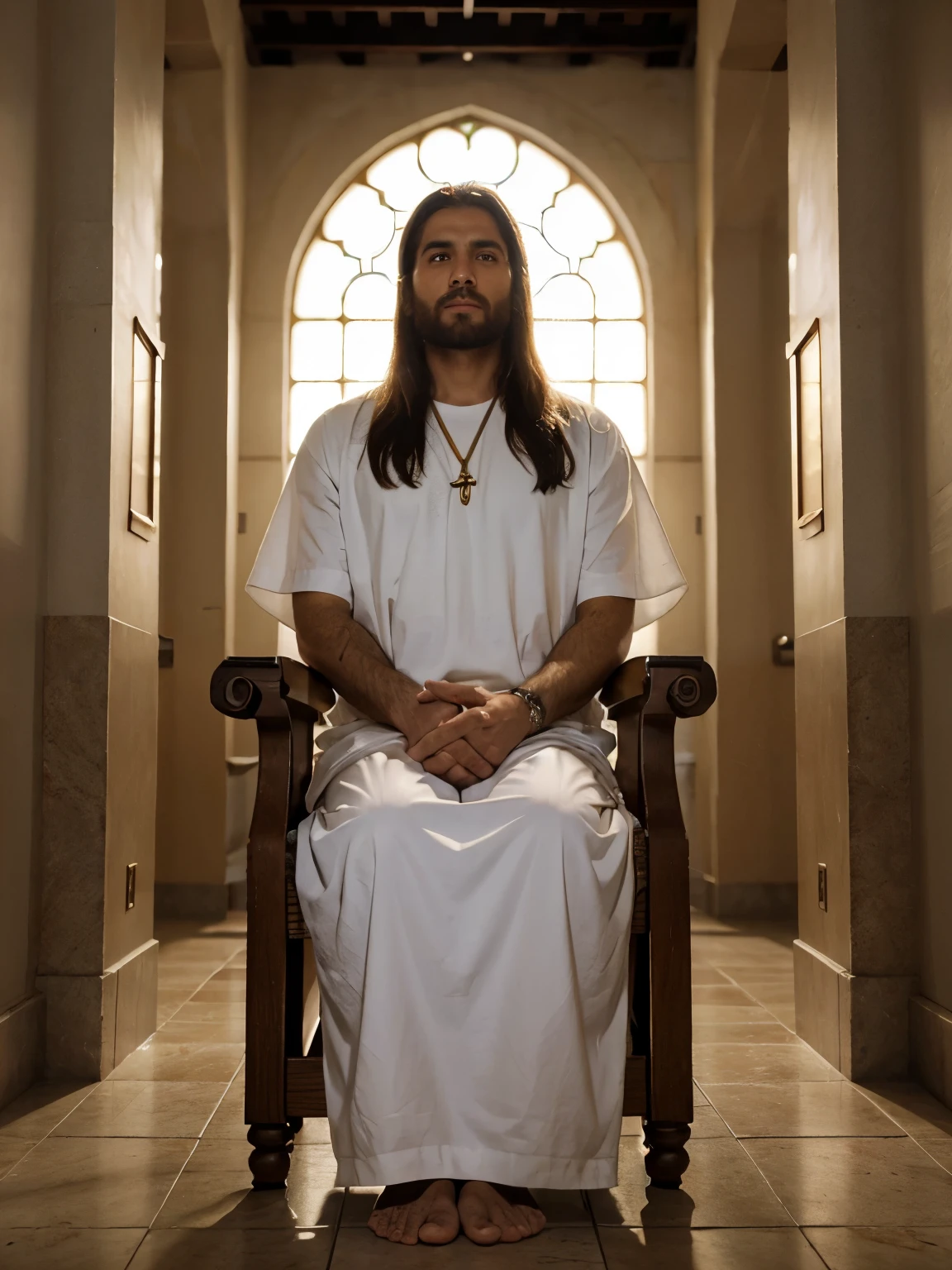 Jesus Christ arriving in heaven, roupas longas, roupas rasgadas, roupas com sangue, trono de Deus, Deus assentado no trono, anjos voando acima do trono, asas brancas dos anjos, religion, Ultra foto realsisim