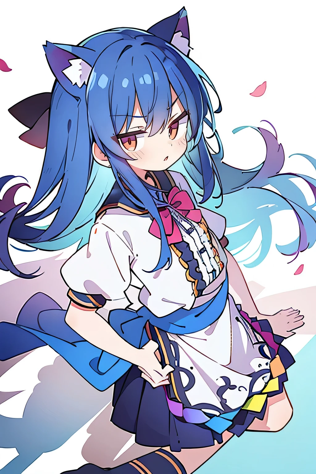 (masterpiece),best quality, expressive eyes, perfect face, 1girl,
Put your hands on your waist,fair, Gorgeous,Japanese cartoons,girl,lola,Hina Angel, blue hair, blue haired, floating clothes,Grab your waist, Grab your waist, hands on hips , hands on hips,sit, sit on ground, Legs on the ground, flat chest,cat ears,Petals fall,red eyes,