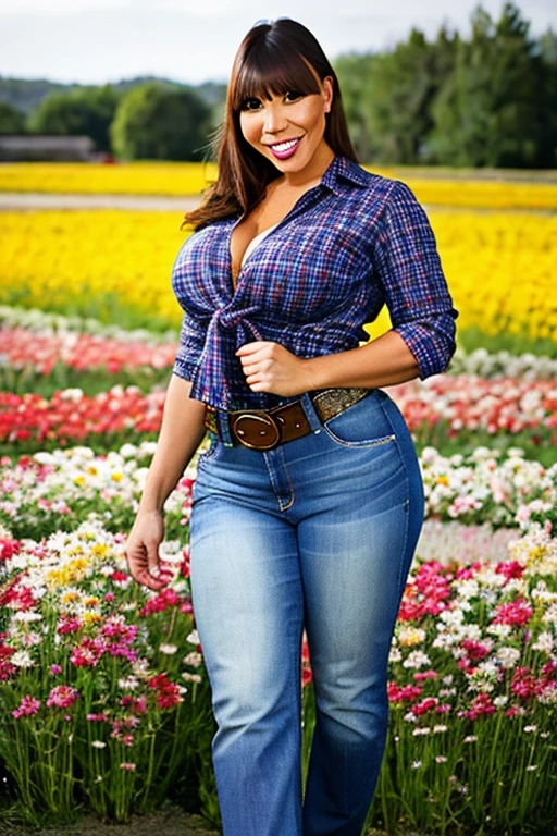 a RAW photo, portrait of avadevine, wearing tied flanel, huge breast, wide hips , curvy body, jeans, belt, flower field, detailed skin texture, highly detailed, best quality, masterpiece 