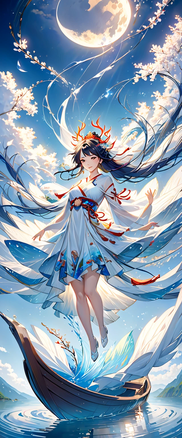 Anime girl in a white dress floating on the water in a boat, Cyansia Fantasy, goddess of the moon, beautiful fantasy empress, by ヤン・J, chinese fantasy, Beautiful maiden, sea queen mu yanlin, goddess of the moon, goddess of the moon, Flowing Magic Robe, beautiful heavenly magician, Written by Ren May, ((beautiful fantasy empress))