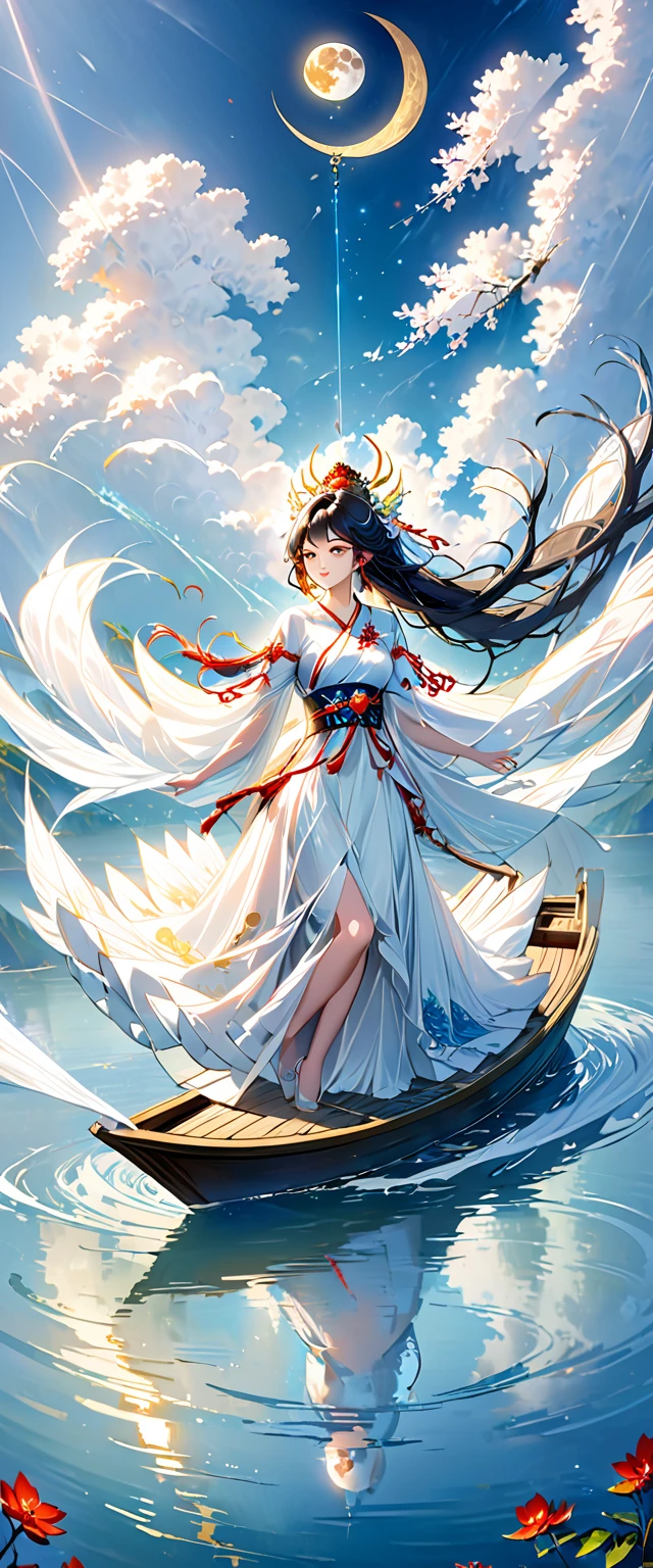 Anime girl in a white dress floating on the water in a boat, Cyansia Fantasy, goddess of the moon, beautiful fantasy empress, by ヤン・J, chinese fantasy, Beautiful maiden, sea queen mu yanlin, goddess of the moon, goddess of the moon, Flowing Magic Robe, beautiful heavenly magician, Written by Ren May, ((beautiful fantasy empress))