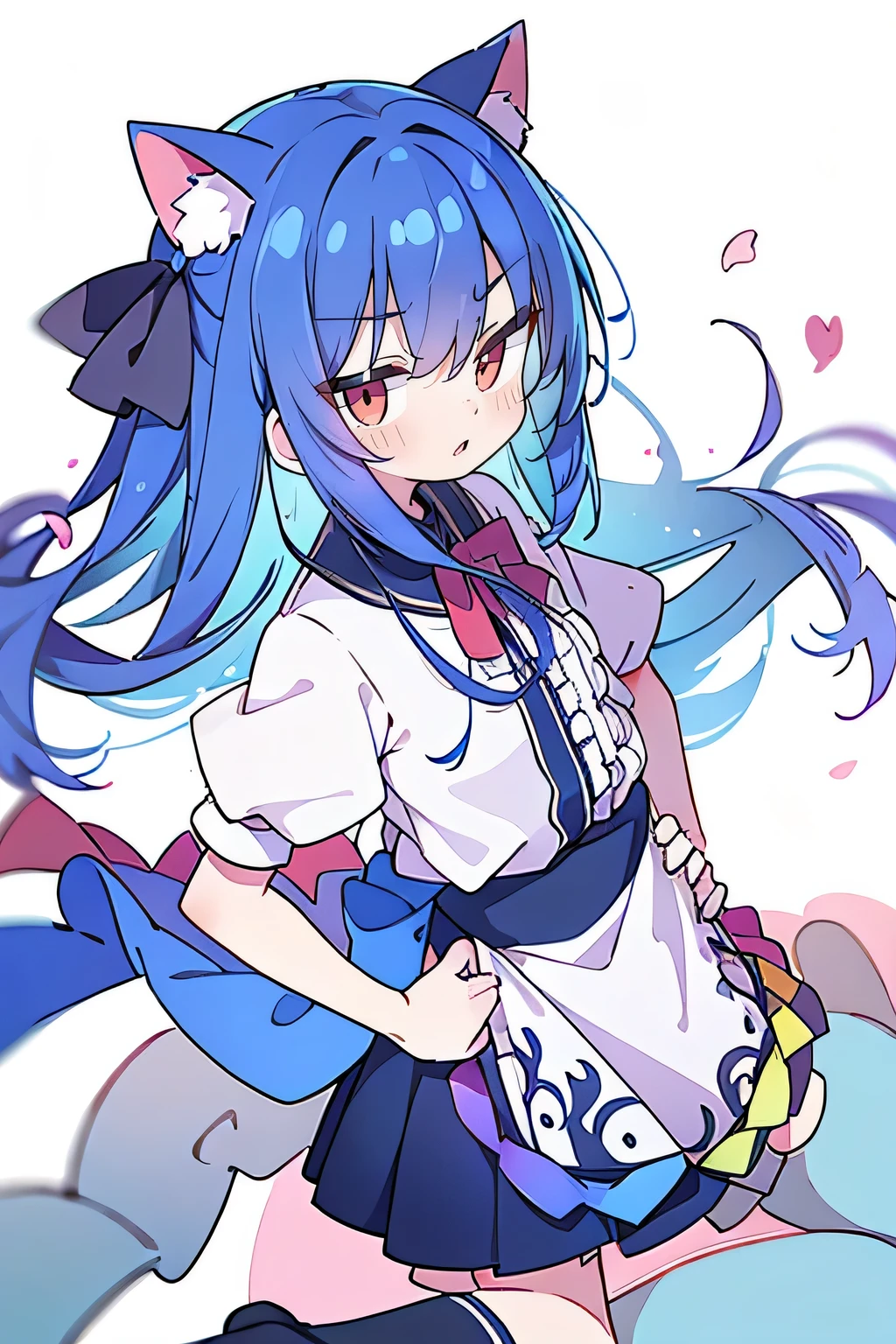 (masterpiece),best quality, expressive eyes, perfect face, 1girl,
Put your hands on your waist,fair, Gorgeous,Japanese cartoons,girl,lola,Hina Angel, blue hair, blue haired, floating clothes,Grab your waist, Grab your waist, hands on hips , hands on hips,sit, sit on ground, Legs on the ground, flat chest,cat ears,Petals fall,red eyes,