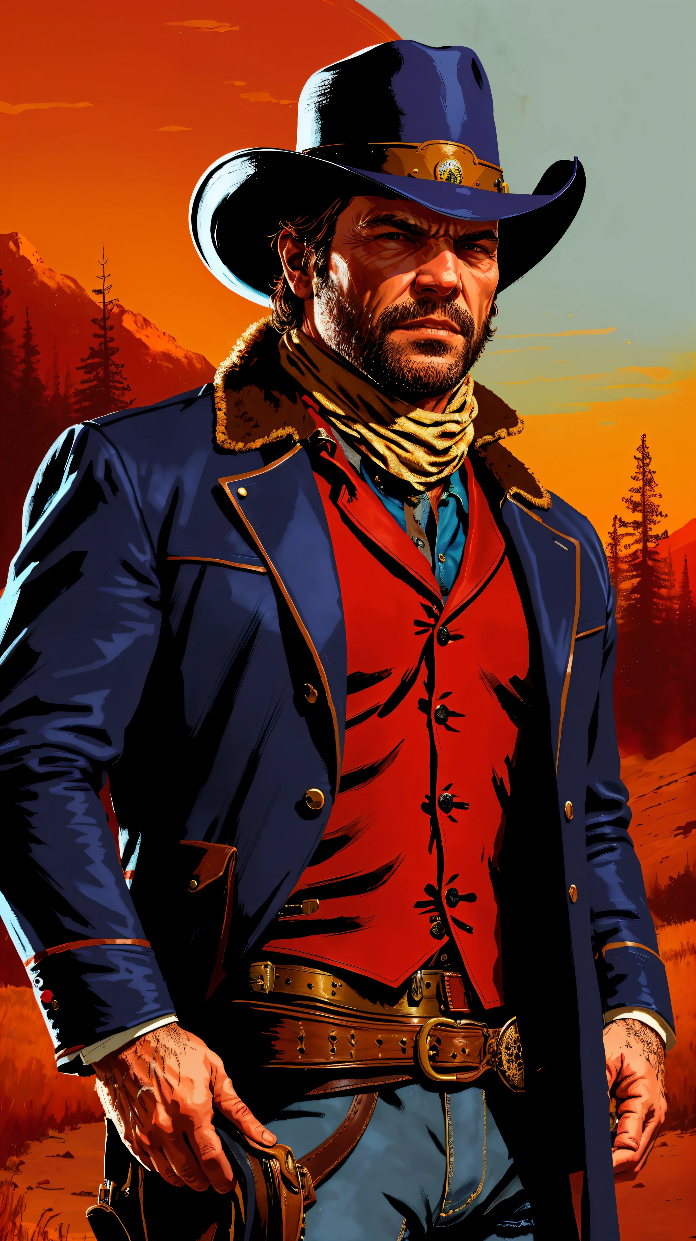 Estilo R3DD34D, retrato digital, Arthur Morgan, with encouragement, cowboy hat, jaqueta marrom, camisa azul, red skies,