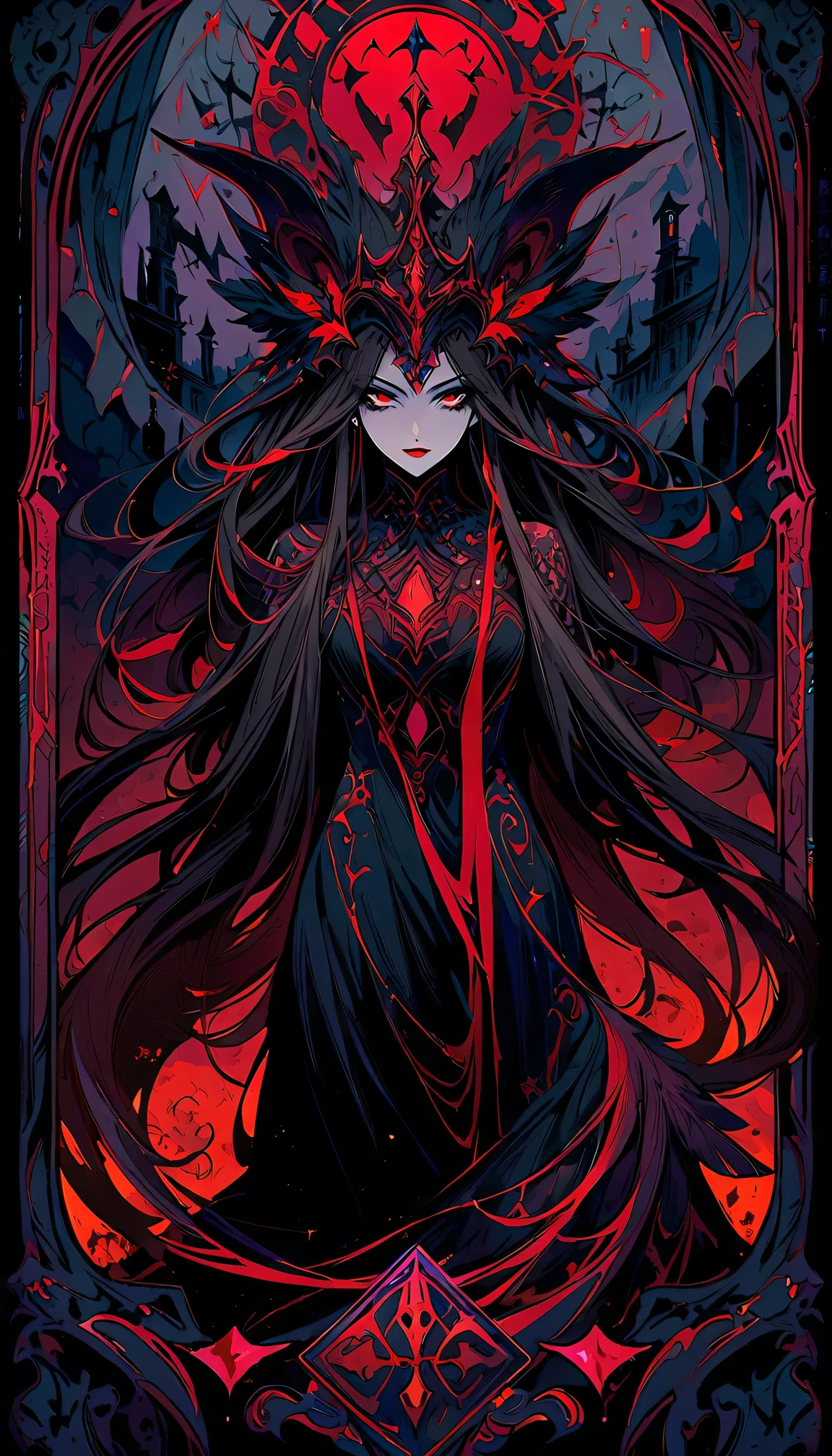 Tarot card: Mad Queen,dark fantasy,hauntingly beautiful,vivid colors,gothic horror,macabre atmosphere,fluid strokes,great attention to detail,fine linework,elaborately designed tarot card with intricate patterns,creepy and mesmerizing,richly textured,dramatic lighting,mysterious aura,distinctive style,exquisite artwork,shadowy background,mystical symbols,emotive expression,captivating gaze,feathered headdress,pale complexion,demonic features,long flowing hair with twisted strands,smoky eye makeup,intriguingly distorted face,dripping blood-red lipstick,ominous creatures lurking in the shadows,ethereal mist adding an otherworldly touch,moody tones enhancing the somber mood,impressive visual impact,foreboding vibe.