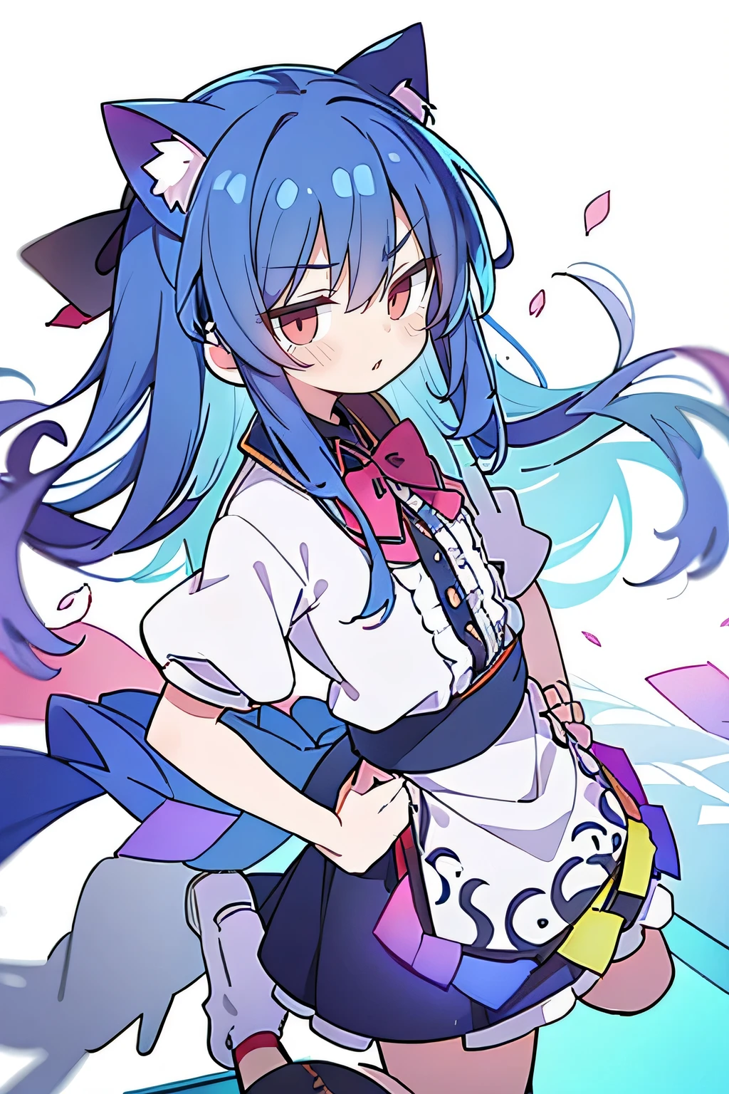 (masterpiece),best quality, expressive eyes, perfect face, 1girl,
Put your hands on your waist,fair, Gorgeous,Japanese cartoons,girl,lola,Hina Angel, blue hair, blue haired, floating clothes,Grab your waist, Grab your waist, hands on hips , hands on hips,sit, sit on ground, Legs on the ground, flat chest,cat ears,Petals fall,red eyes,
