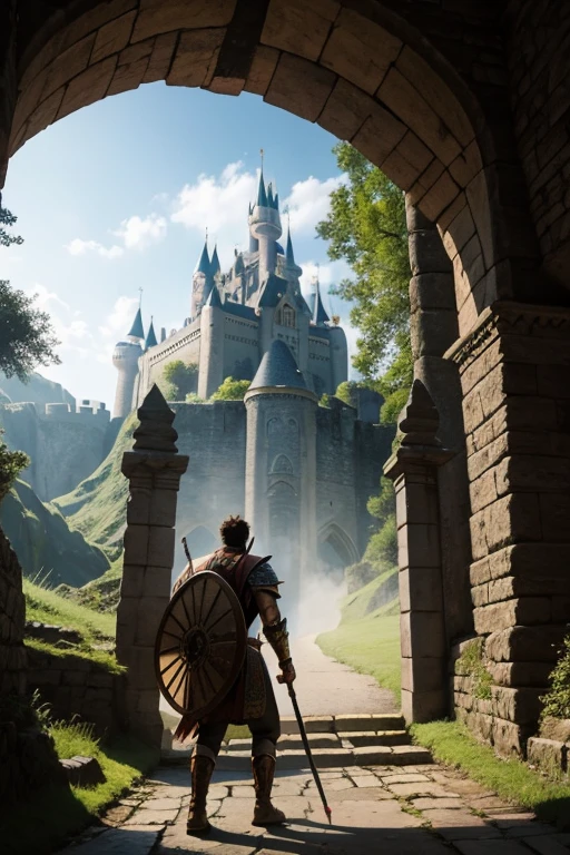 Warrior emerging from a magical portal, with a castle behind him