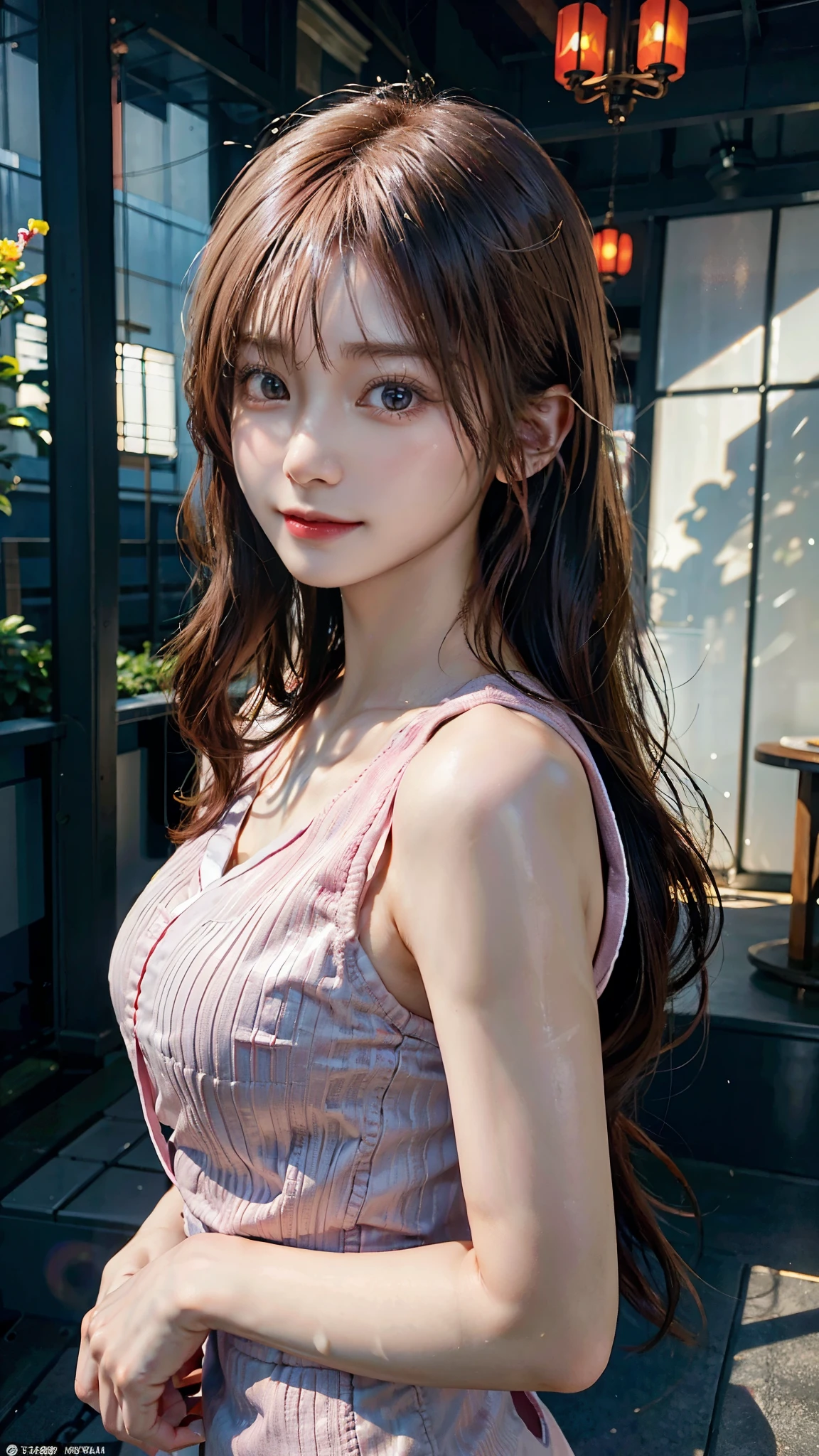 (highest quality,masterpiece:1.3,超A high resolution,),(super detailed,caustics),(Photoreal:1.4,RAW shooting,)ultra-realistic capture,very detailed,High definition 16K for human skin、 Natural skin texture、、Skin looks even-toned and healthy、 Use natural light and color,one woman,Japanese,,cute,pink haired,middle hair,(Depth of the bounds written、chromatic aberration、、wide range of lighting、natural shading、)(RAW photo:1.2),high quality,beautiful details girl,smile,very detailed目と顔,beautiful and fine eyes,very detailed,face light,cinematic lighting, girl,sexy pose,(realistic:1.4),(Daylight:1.4)、outdoor