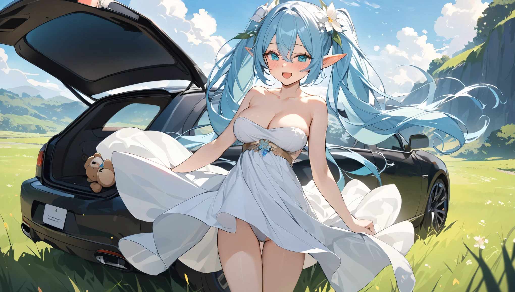 (masterpiece, best quality), 1 elven girl, ( bear breasts, thigh), (light blue hair, twin tails ,very long hair is fluttering in the wind), hair between eyes, multi colored hair,hair flower ornament ,(blush, smile, aqua eyes), open mouth, elf dress, white dress , strapless dress, (Open the front of the dress chest very wide), large breasts, pointed ears, car ,black car , standing next to the car, grassland