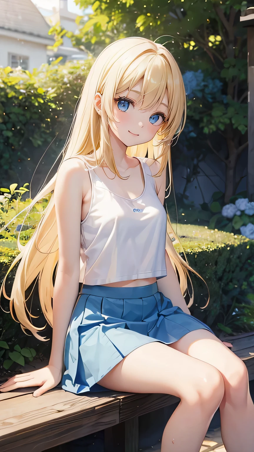 very cute girl、(14 years old)、light yellow hair、long straight hair、Bangs are too close to the eye、Light Blue Eye、(Normal human ear)、thin arms、Beautiful body、slim legs、large, well-shaped breasts,、clear white skin、smile、(Open-chested tank top、mini skirt、White and blue)、Rose Garden、Super high quality、digital single lens reflex、sit on top