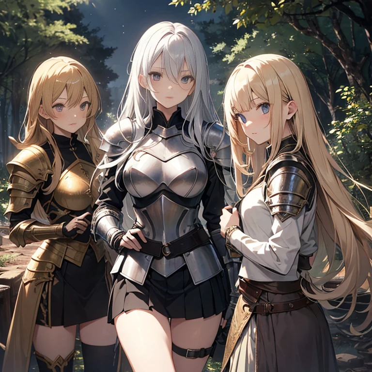 A group of female knights, (in forest), various hair styles, harem, wearing armored clothes, metal armor, night, details face, short skirt, seducing, sword,