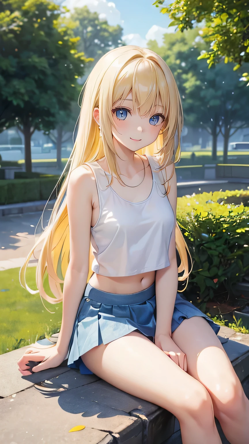 very cute girl、(14 years old)、light yellow hair、long straight hair、Bangs are too close to the eye、Light Blue Eye、(Normal human ear)、thin arms、Beautiful body、slim legs、large, well-shaped breasts,、clear white skin、smile、(Open-chested tank top、mini skirt、White and blue)、Rose Garden、Super high quality、digital single lens reflex、sit on top