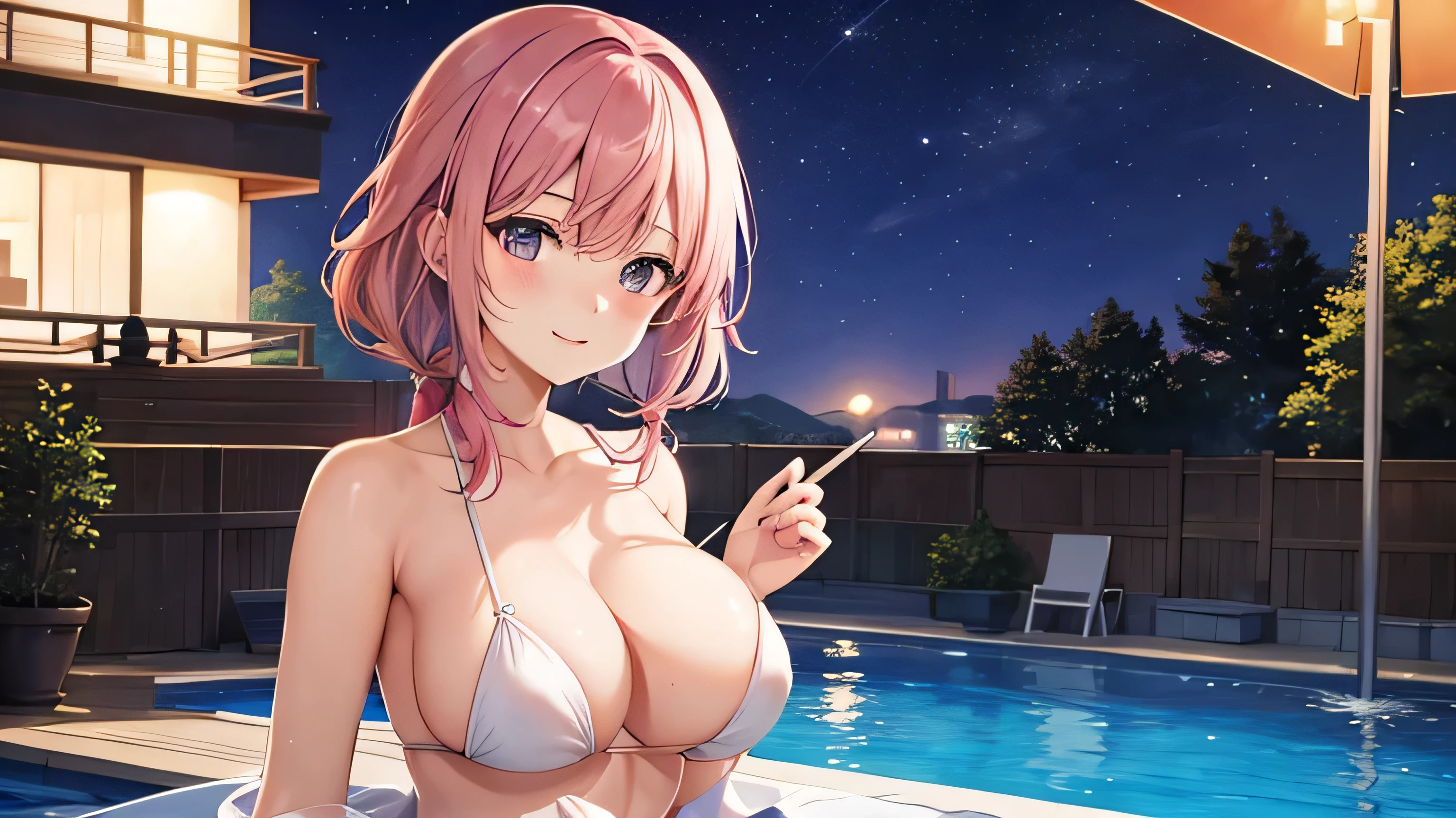 anime、pink hair、naked、big breasts、valley、night pool、one person、Are standing