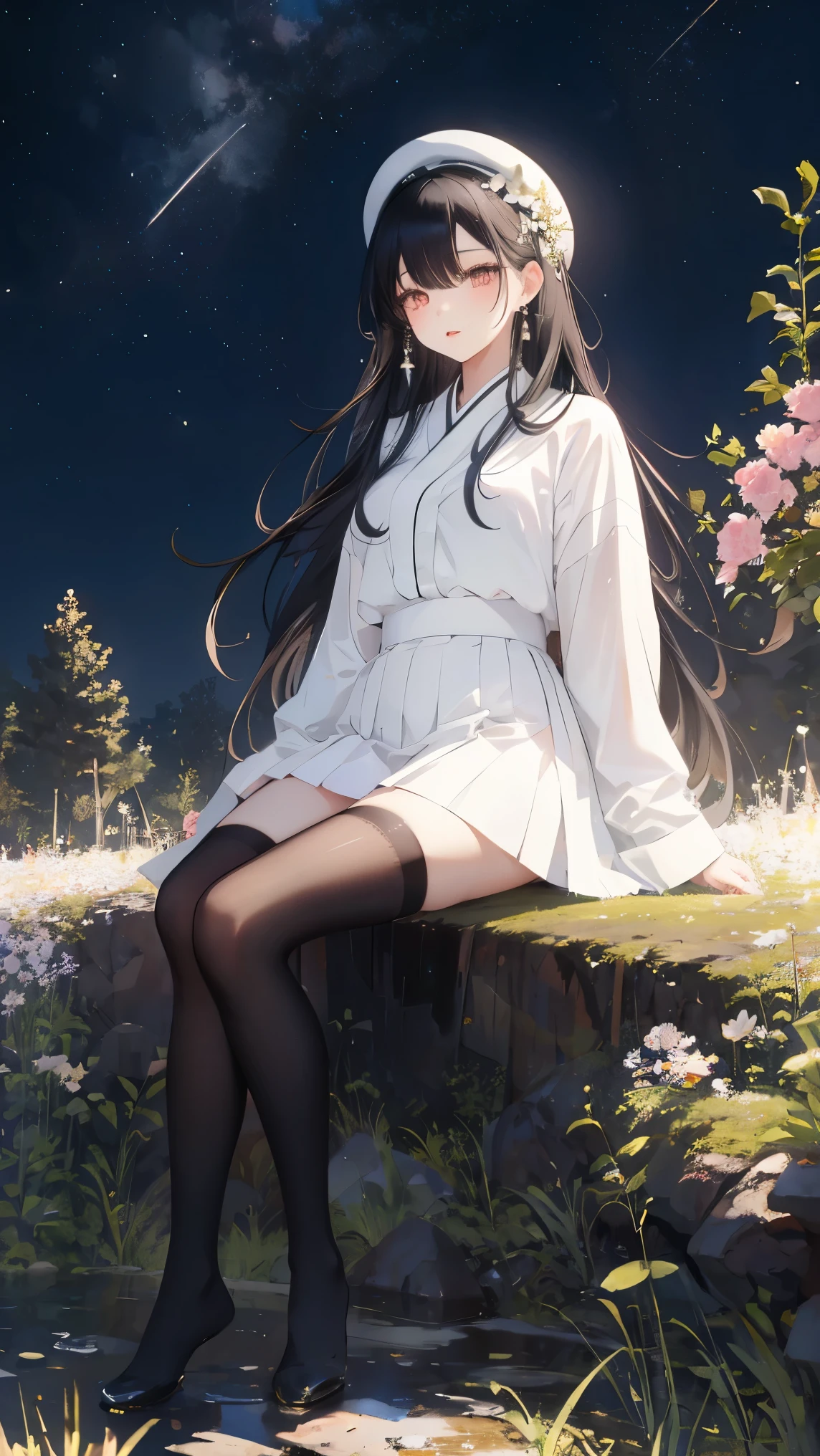 white skirt，long black hair，In good shape，asian girl，Beautiful makeup，Add details，extremely high resolution，wearing pearl earrings，beautiful eyes,full body portrait,flower field,forest,night sky，stockings