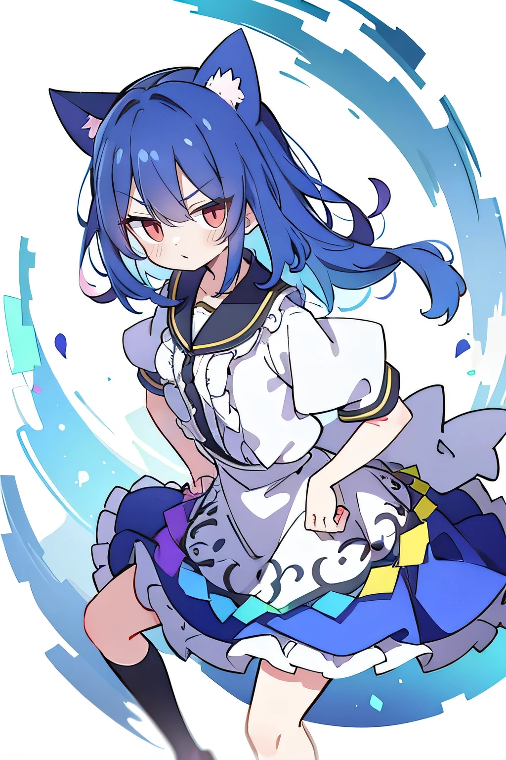 (masterpiece),best quality, expressive eyes, perfect face, 1girl,
 Put your hands on your waist,fair, Gorgeous,Japanese cartoons,girl,lola,Hina Angel, blue hair, blue haired, floating clothes,Grab your waist, Grab your waist, hands on hips , hands on hips,sit, sit on ground, Legs on the ground, flat chest,cat ears,Petals fall,red eyes,