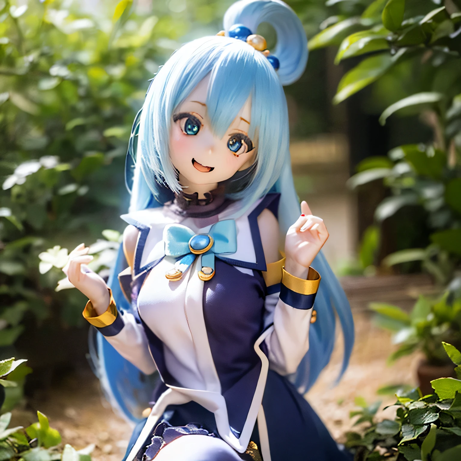 (a young girl and) blue hair, (wearing) a white and blue dress, (holding) staff, (standing) In the midst of lush greenery, lively garden, (and) colorful and colorful flowers (bloom) around her, (Down) clear blue sky.
(Portrait) girl&#39;s, (realistic) rendering, (and) (Super detailed) Features, (inclusive) shining blue eyes, (rose color) lips, and (length) eyelash.
(highest quality, 4k, High resolution) image, (and) (Brilliant) color, (highlight) The lively and lively appearance of a girl.
(the garden is filled and) sunlight, (Done) a warm and inviting atmosphere, (and) kind (Sun rays) Light up the scene.villain pose
have a magic wand (((open your mouth and laugh)))