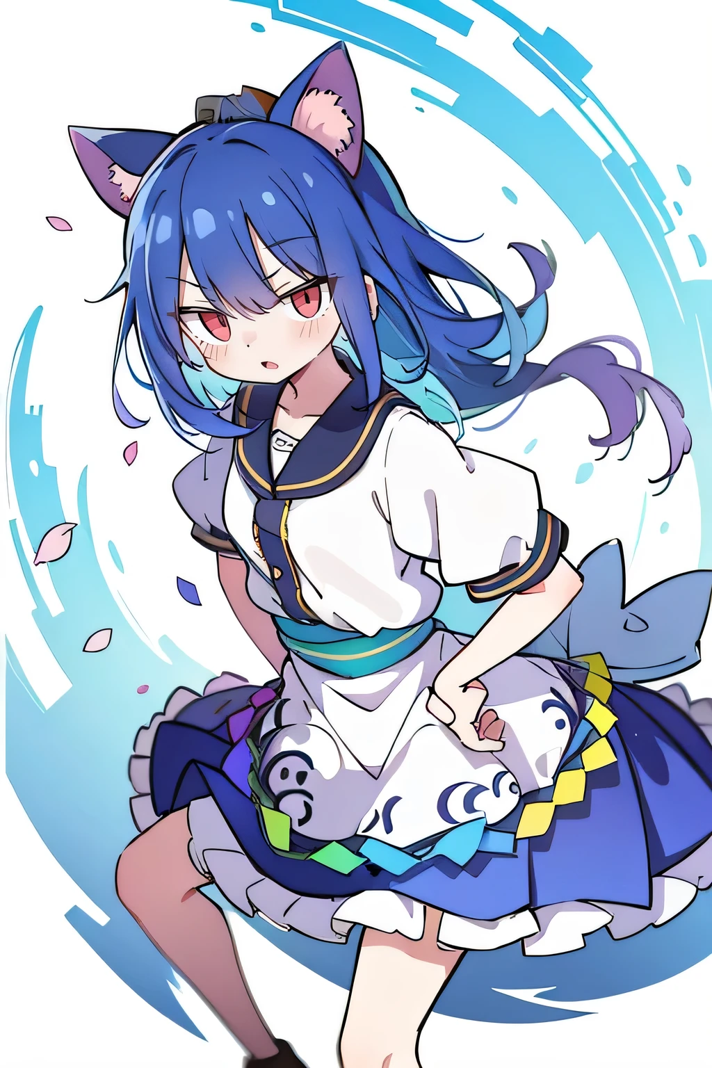 (masterpiece),best quality, expressive eyes, perfect face, 1girl,
 Put your hands on your waist,fair, Gorgeous,Japanese cartoons,girl,lola,Hina Angel, blue hair, blue haired, floating clothes,Grab your waist, Grab your waist, hands on hips , hands on hips,sit, sit on ground, Legs on the ground, flat chest,cat ears,Petals fall,red eyes,
