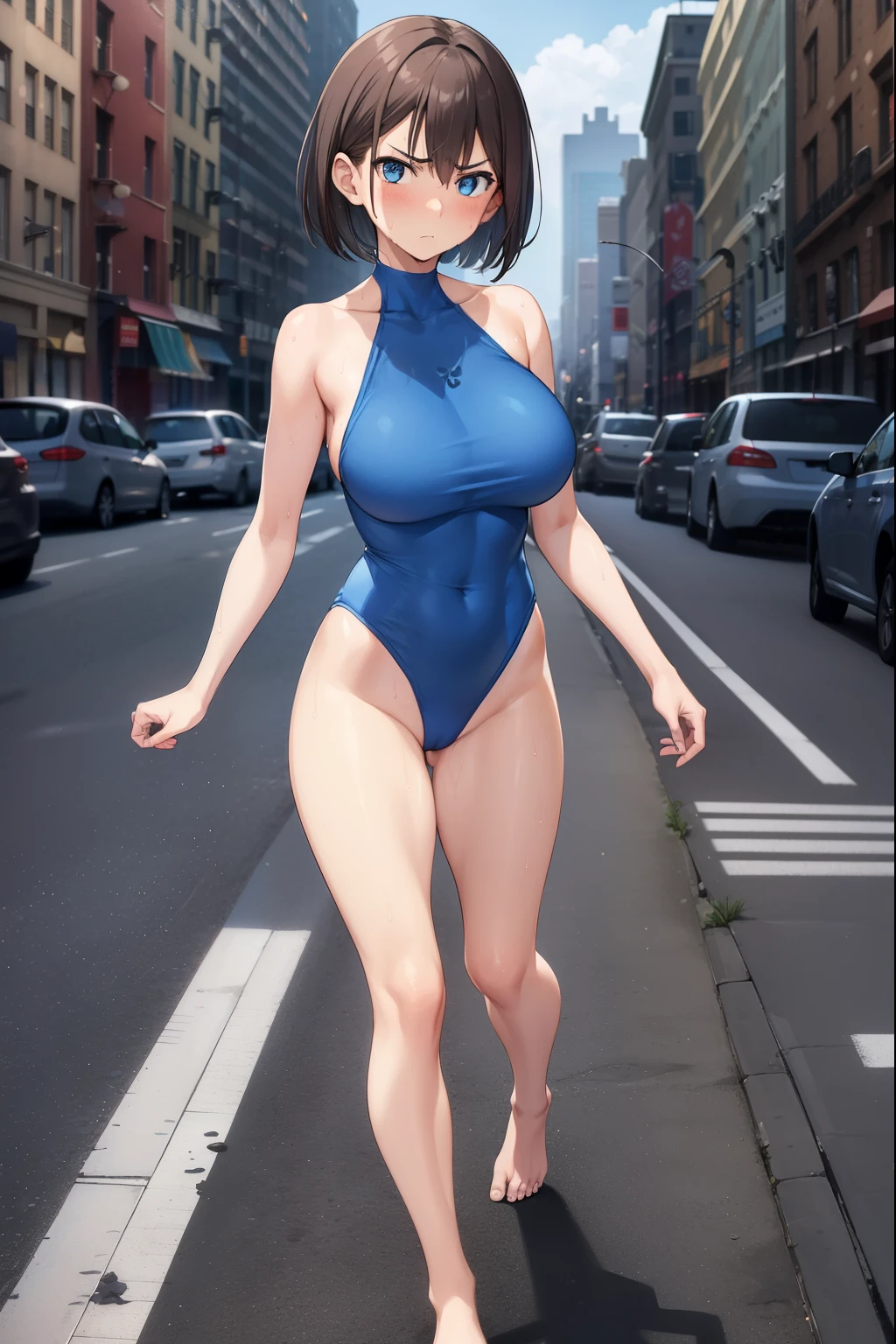 1 girl,Blue leotard,Super High Leg Cut,blue eyes,serious face,brown hair,bob hair,New York City,big breasts,blush,Sweat,barefoot,bare hands,diagonal,thin,walk,embarrassing,On Patrol,
