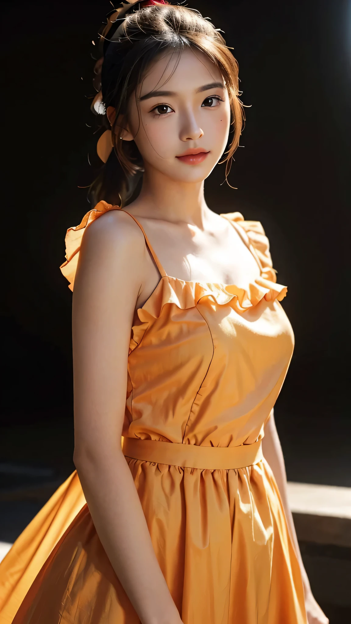 Spotlight on stage,close-up of face,One woman,fully body photo,masutepiece, The highest image quality, High quality, the background is clear,Beautiful woman, Japanese, Detailed, Detailed eyes, Detailed skin, Beautiful skin, 超hight resolution, (reality: 1.4),Very beautiful woman, Slightly younger face, Beautiful skin, slender, (Ultra photo realsisim), (hight resolution), (8K), (Very detailed) (beautifully detailed eyes), (super detailed), (Detailed face), view the viewer, Fine details, Detailed face, Staring straight ahead, Staring straight ahead, photos realistic, Bright lighting, Professional Lighting, Black hair,poneyTail,a baby face,sixteen years old,Hairstyle is ponytail,long ponytail hairstyle,slight smile,Orange colored long dress with lots of ruffles, softly shaped skirt,