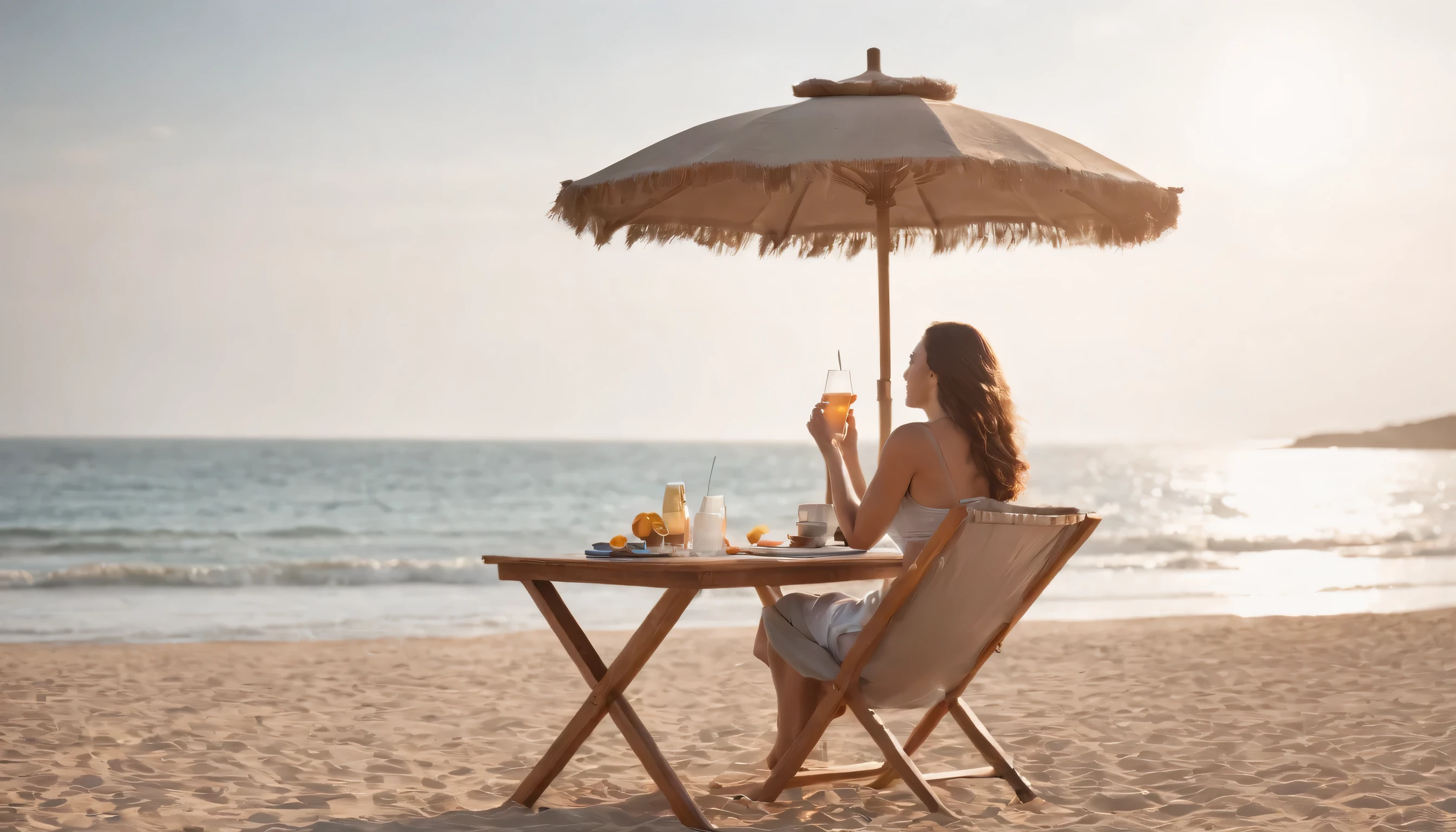 full body photo of a woman sitting on a beach side, umbrella over her head enjoying her drink on the table, relaxing while looking at the waves on the sea