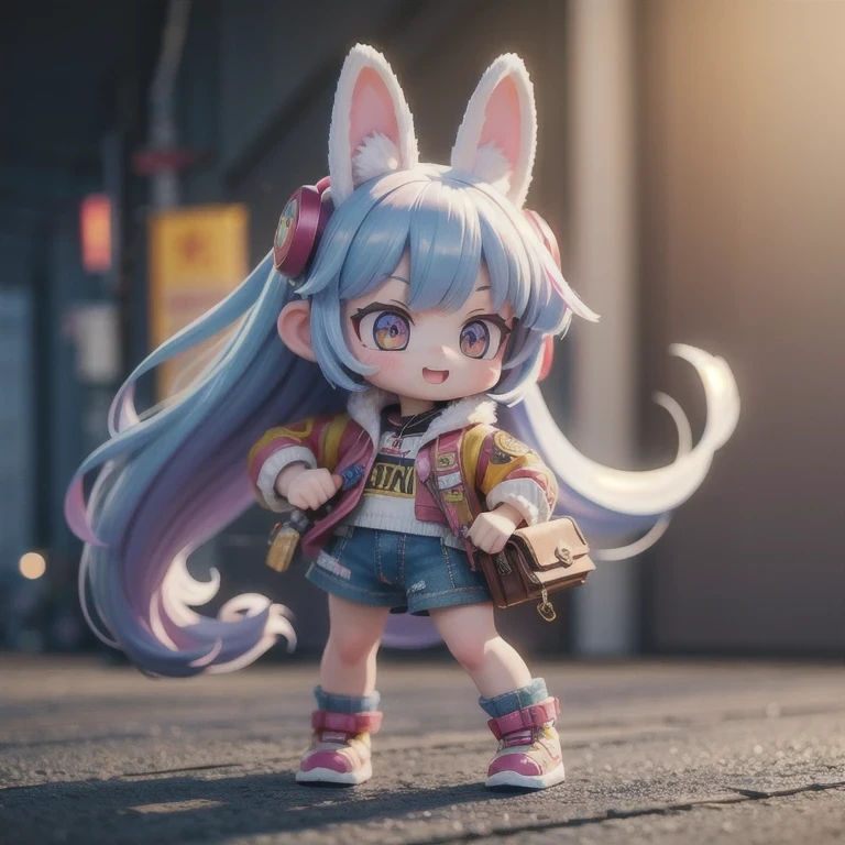(masterpiece, best quality:1.2), 1girl, ((masterpiece, highest quality, Highest image quality, High resolution, photorealistic, Raw photo, 8K)), Retro Game, Nintendo, SEGA, Namco, Cyberpunk 1:25 miniatures,illustration,Side viewing angle,((Side viewing angle)),Wear gold wire-rimmed reflective sunglasses,Carry future weapons,very happy,Side viewing angle,whole body,three-dimensional,octane rendering,Perfect face,Collagen texture((flowing hair))((Gradient long fur rabbit ears))