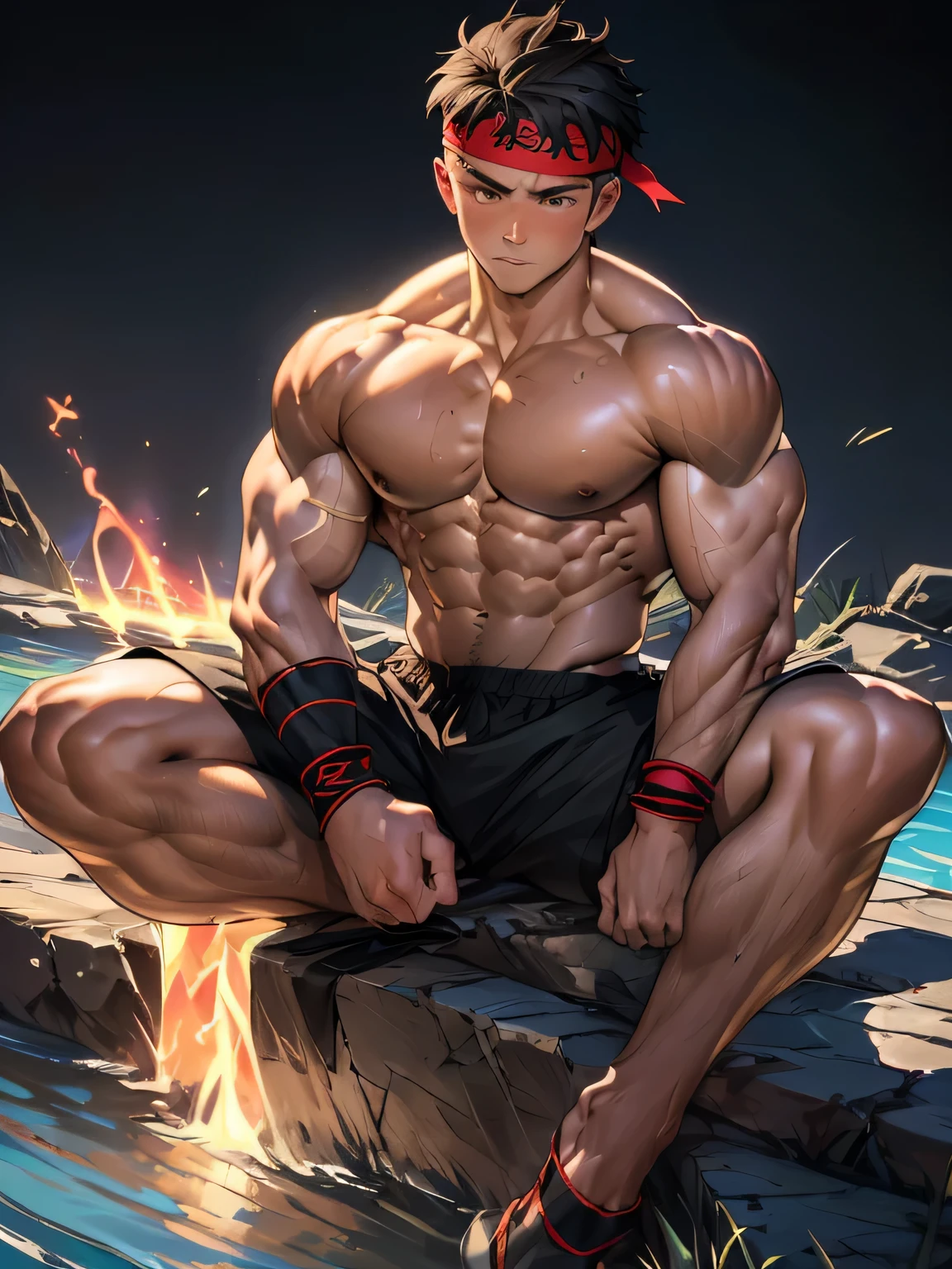 (Masterpiece, Best quality 19 year old boy, black background), solo, Young, boy, muscler, Shirtless, topless, (Dark Short straight hair, under cut, brown eyes), (red headband, ((black wristband))), Vivid colors, (hot Abs:1.2, abs!, big abs, big breast:1.2, chest!, muscler upper arms), (topless male), muscler!, muscler body, (aura power:1.4), detailed face, detailed muscle, serious, (((A magical mystical aura, random pose, sitting, powerful, action, rippling muscles, fighting)))