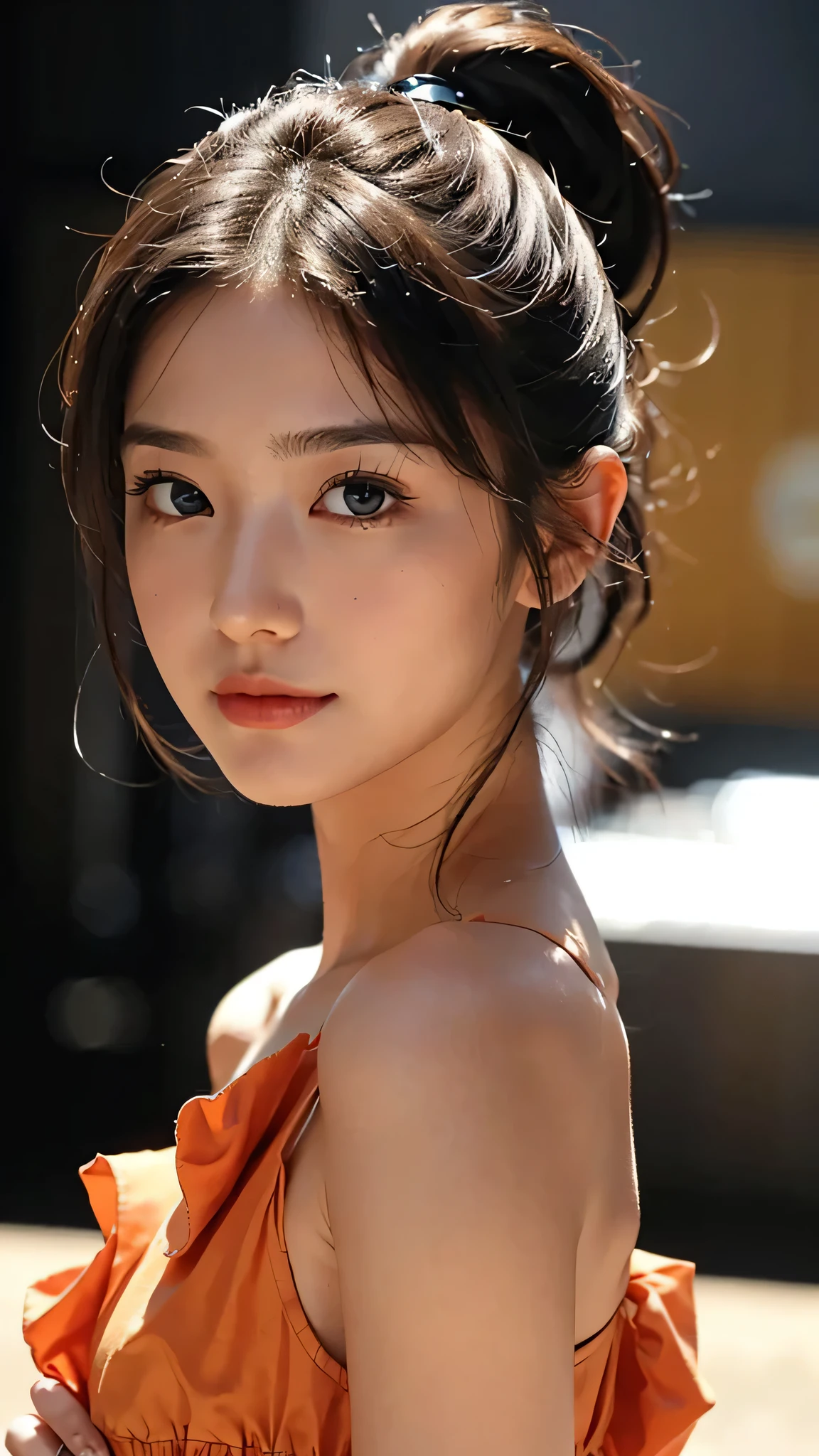 Spotlight on stage,close-up of face,One woman,fully body photo,masutepiece, The highest image quality, High quality, the background is clear,Beautiful woman, Japanese, Detailed, Detailed eyes, Detailed skin, Beautiful skin, 超hight resolution, (reality: 1.4),Very beautiful woman, Slightly younger face, Beautiful skin, slender, (Ultra photo realsisim), (hight resolution), (8K), (Very detailed) (beautifully detailed eyes), (super detailed), (Detailed face), view the viewer, Fine details, Detailed face, Staring straight ahead, Staring straight ahead, photos realistic, Bright lighting, Professional Lighting, Black hair,poneyTail,a baby face,sixteen years old,Hairstyle is ponytail,long ponytail hairstyle,slight smile,Orange colored long dress with lots of ruffles, softly shaped skirt,