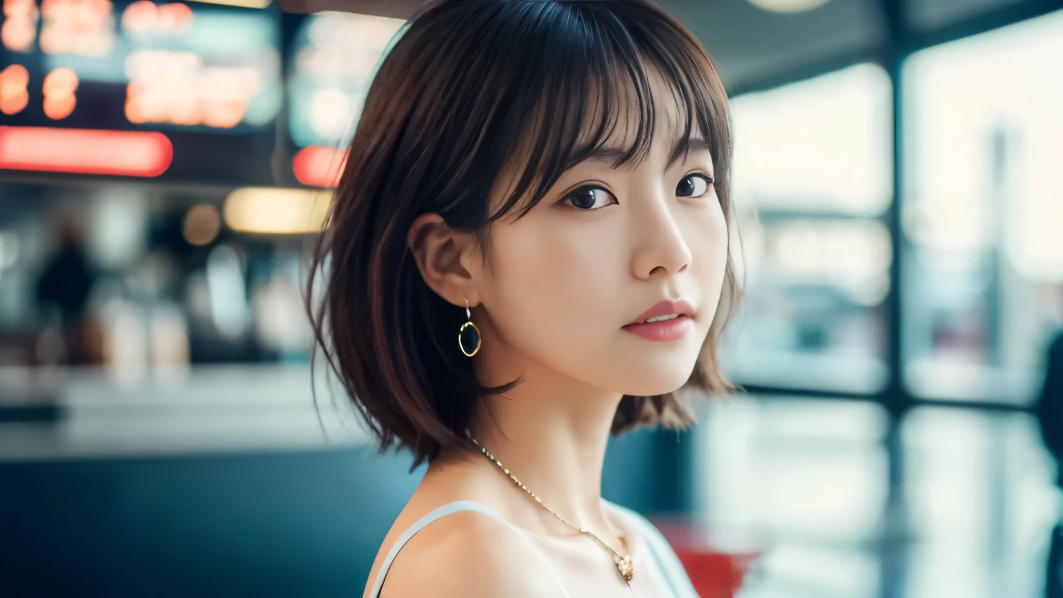lens: 135mm f1.8,(Highest quality), (Beautiful 24 year old Japanese girl), (Moisturized lips), Narrow eyes, double eyelid,Delicate clavicle,Flat Chest,Very short hair,
(Let me me me me me'Let me me me me'Let me me me'Let me me'Let me'Let's take another look), shame, A faint smile,
(In front of a white wall:1.2), Professional Lighting,
(Japanese 、Transparent BlackVNeck Sleeveless Dress Shirt), (Sunburned skin:0.2),Full body photo、Full Body Focus、Hyper Reality、Pixie Haircut