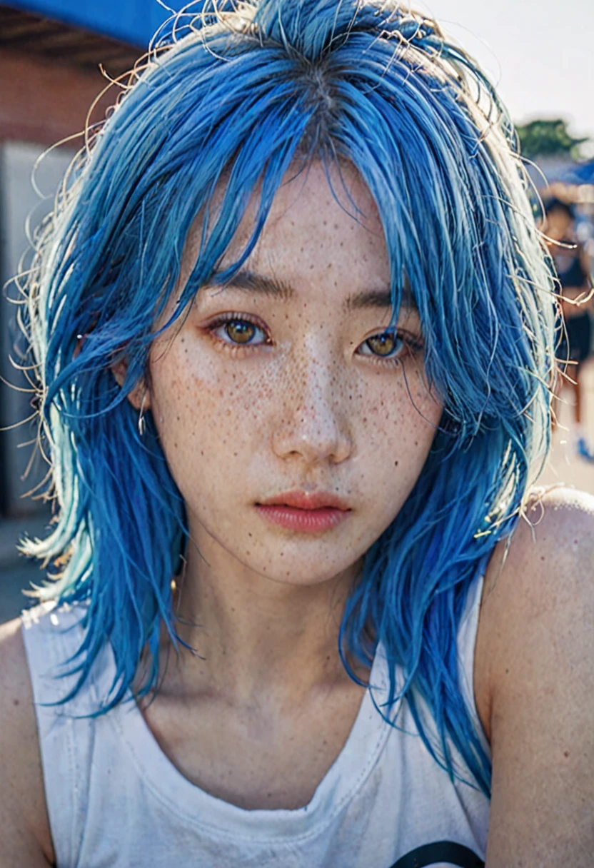 blue hair。 Best Anamorphic Lens Photography 50mm Lens Freckled Woman Close-up。in the background, The morning sun shines on her hair.、background is blurry。Snazzy。nike sneakers。sunburned skin。Eye close-up。