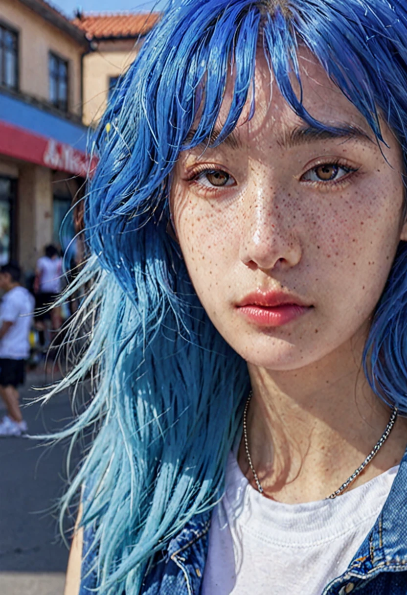 blue hair。 Best Anamorphic Lens Photography 50mm Lens Freckled Woman Close-up。in the background, The morning sun shines on her hair.、background is blurry。Snazzy。nike sneakers。sunburned skin。Eye close-up。