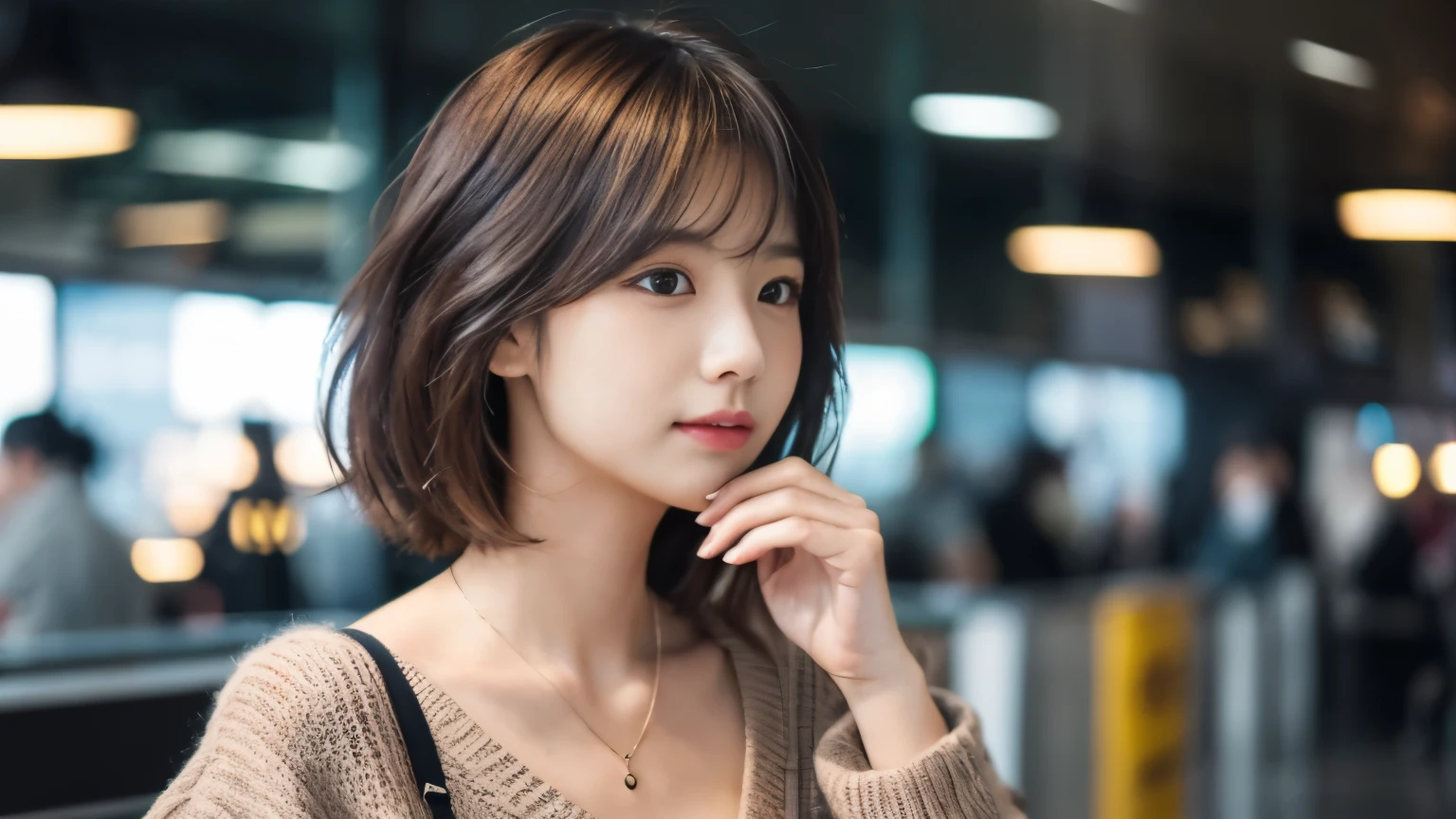 (highest quality、8K、32k、masterpiece、nffsw:1.2)、Photo taken at an airport cafe, cute日本人女性の写真、very short bobbed hair、Upper body、surface focus、Extra Large_sweater、necklace、cafe background、Viewer search x4、(8K、Raw photo、highest quality、masterpiece:1.2)、(realistic、Photoreal:1.37)、1 girl、cute、professional lighting、photon mapping、Physically based rendering、gradient brunette hair、short curly hair、good looking、excellent image quality、High resolution、1080p、(cute face)、(Detailed facial description)、(Detailed Hand Explanation)、(Masseter muscle part)、(Detailed CG)、 extreme light and shadow、hair is dirty、masterpiece、Rich details、(exquisite features)、(best image quality)、(masterpiece)、(detailed eye)、delicate clavicle、various poses、Don'Don'Don'Don't look at the camera、profile、Photo taken at the airport cafe terrace、Spring Clothes、simple necklace、knit,Inside a stylish cafe at the airport