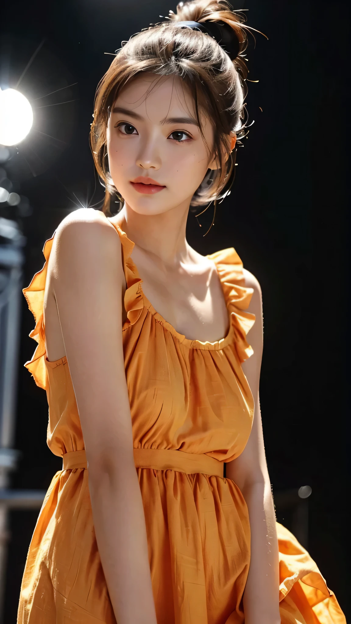 Spotlight on stage,close-up of face,One woman,fully body photo,masutepiece, The highest image quality, High quality, the background is clear,Beautiful woman, Japanese, Detailed, Detailed eyes, Detailed skin, Beautiful skin, 超hight resolution, (reality: 1.4),Very beautiful woman, Slightly younger face, Beautiful skin, slender, (Ultra photo realsisim), (hight resolution), (8K), (Very detailed) (beautifully detailed eyes), (super detailed), (Detailed face), view the viewer, Fine details, Detailed face, Staring straight ahead, Staring straight ahead, photos realistic, Bright lighting, Professional Lighting, Black hair,poneyTail,a baby face,sixteen years old,Hairstyle is ponytail,long ponytail hairstyle,slight smile,Orange colored long dress with lots of ruffles, softly shaped skirt,