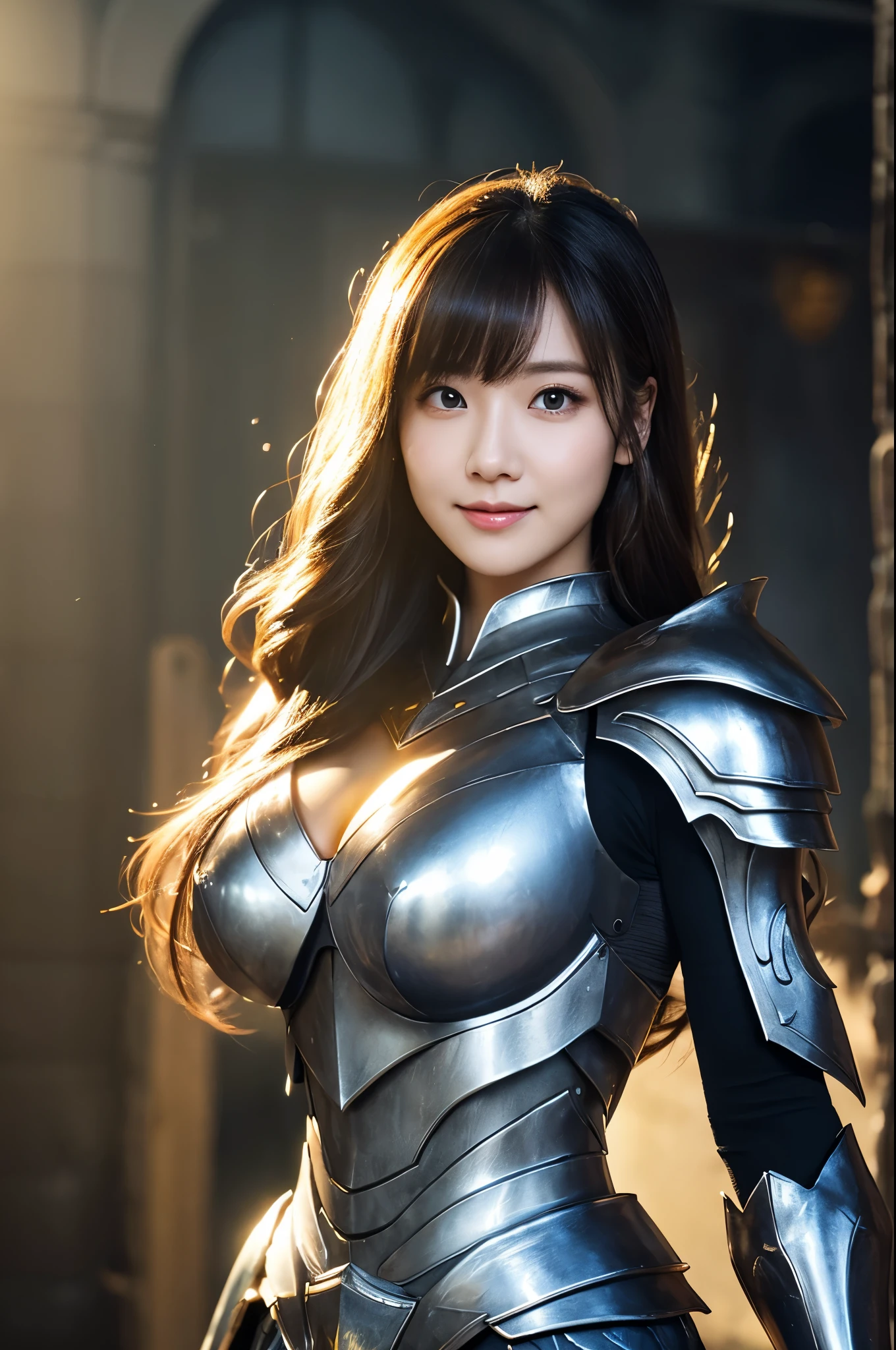 8K、Super detailed、masterpiece、highest quality、(very detailed)、dynamic angle、mysterious look、Wind effect、fantasyの背景、rim lighting、cinematic light、超A high resolution、8k uh、film grain、best shadow、delicate、born、particles of light、fine skin texture、Detailed armor texture、detailed face、Complexディテール、Super detailedな、shine、strong fraud、silver armor、(holding a weapon)、Slashing、Slashing Action、big and full breasts,Scapula、shining eyes、 long cloak、fantasy、(bornきbornきとした)、shoulder armor、Complex、Complex、perfect lighting、looking at the viewer、movie lighting、flying in the sky、Flight、holy light、wonderful、bangs、the wind is strong、frozen mountain々々、long wavy white hair、lich queen,Sexy,attractive,blonde short bob,Chest armor with detailed decoration,perspective from above,smile,