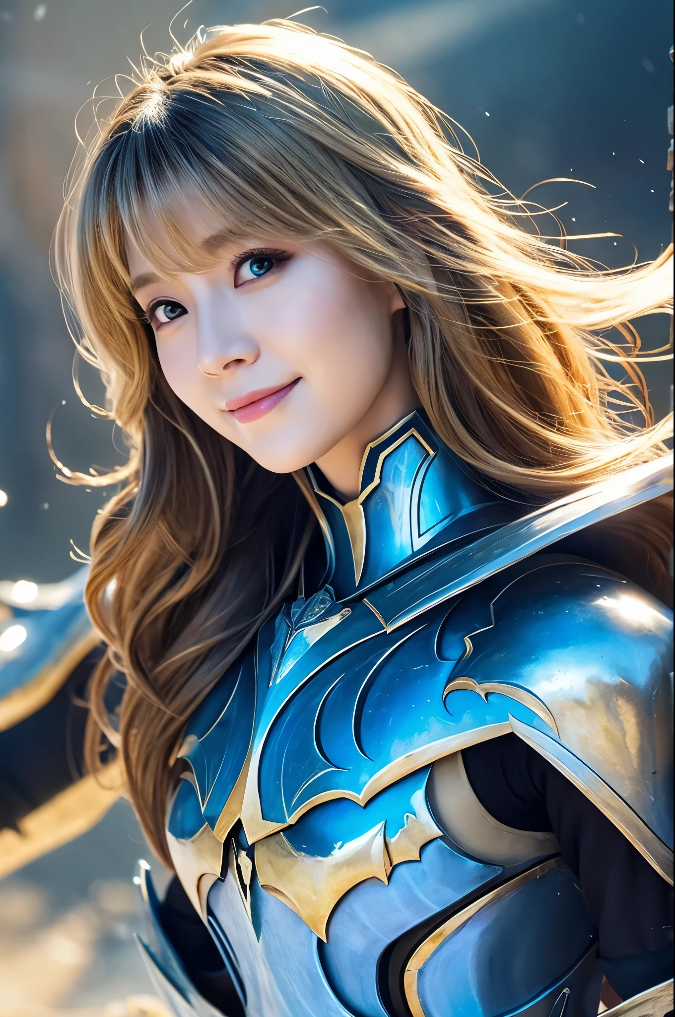 8K、Super detailed、masterpiece、highest quality、(very detailed)、dynamic angle、mysterious look、Wind effect、fantasyの背景、rim lighting、cinematic light、超A high resolution、8k uh、film grain、best shadow、delicate、born、particles of light、fine skin texture、Detailed armor texture、detailed face、Complexディテール、Super detailedな、shine、strong fraud、silver armor、(holding a weapon)、Slashing、Slashing Action、big and full breasts,Scapula、shining eyes、 long cloak、fantasy、(bornきbornきとした)、shoulder armor、Complex、Complex、perfect lighting、looking at the viewer、movie lighting、flying in the sky、Flight、holy light、wonderful、bangs、the wind is strong、frozen mountain々々、long wavy white hair、lich queen,Sexy,attractive,blonde short bob,Chest armor with detailed decoration,perspective from above,smile,