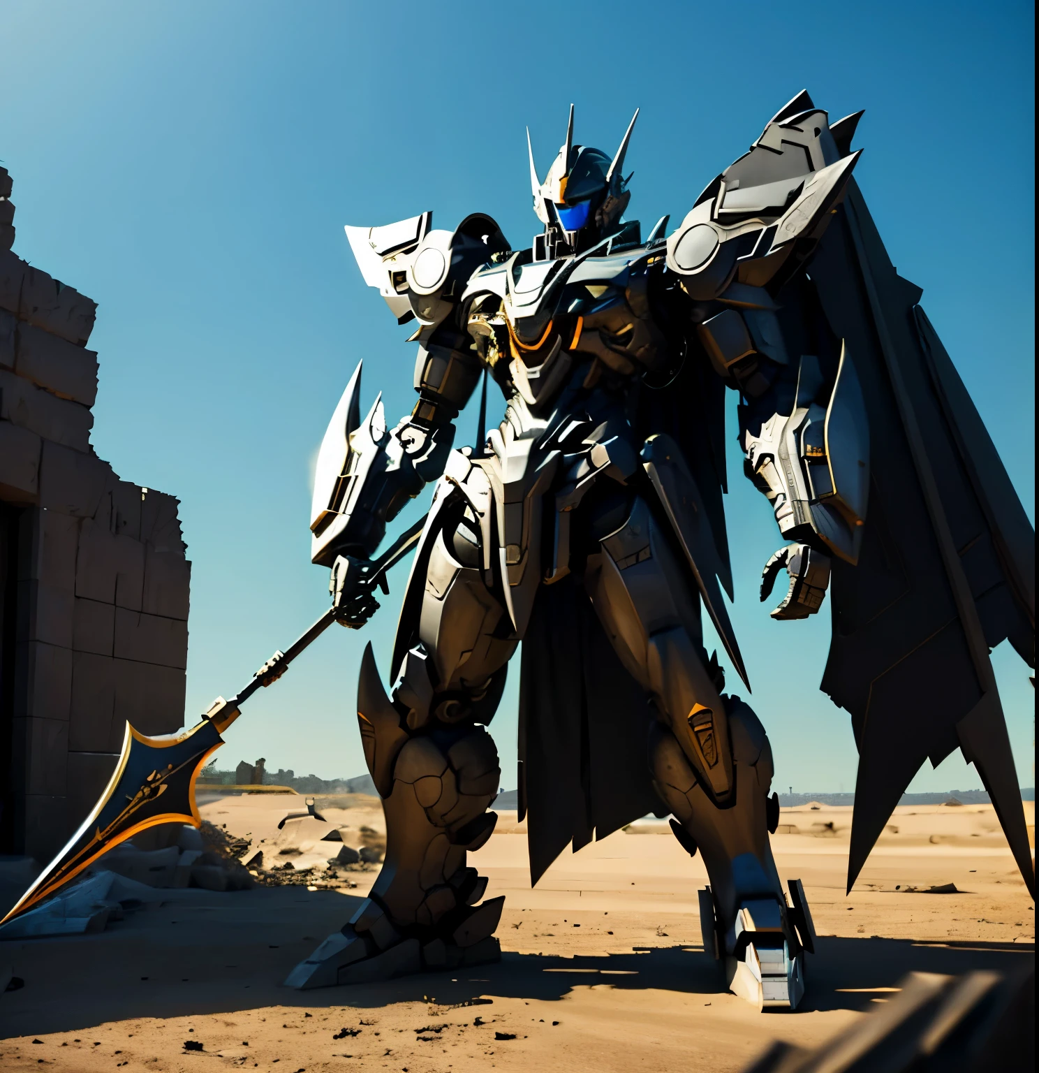 ((obra de arte, maximum quality, superdefinição, High definition)), ruined city, giant reaper robot with a lean, black and silver amor similar to a human skeleton, and a giant scythe.