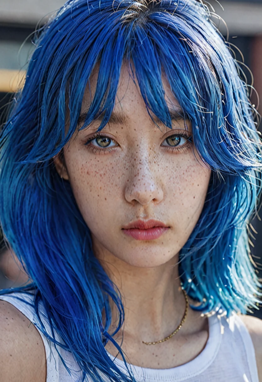 blue hair。 Best Anamorphic Lens Photography 50mm Lens Freckled Woman Close-up。in the background, The morning sun shines on her hair.、background is blurry。Snazzy。nike sneakers。sunburned skin。dark makeup。close up of eyes。close up of face。Super high quality。