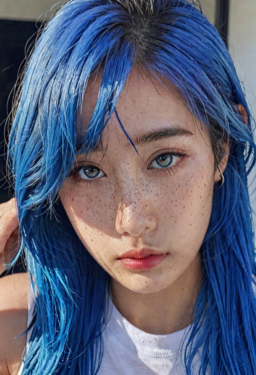 blue hair。 Best Anamorphic Lens Photography 50mm Lens Freckled Woman Close-up。in the background, The morning sun shines on her hair.、background is blurry。Snazzy。nike sneakers。sunburned skin。dark makeup。close up of eyes。close up of face。Super high quality。