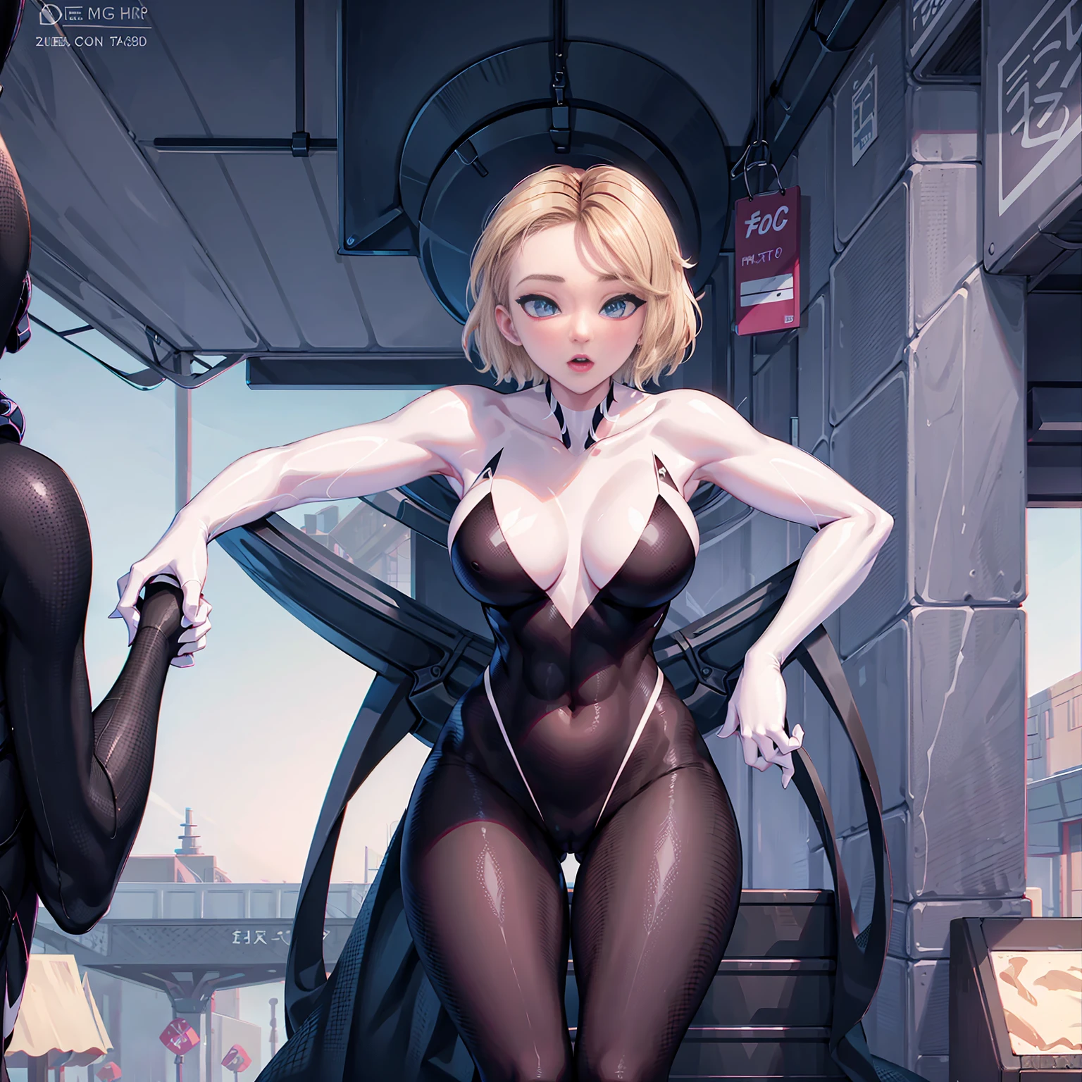 Gwen, organic-looking clothing ( degree of transparency)  organic clothing Venom Symbiote, fine arts, PS5 cinematic screenshot, Highly detailed cinematic rendering, raytricing ultra photorealistic | | | |, with cinematic lighting, (pointy breasts natural:1.2), wide hips correct anatomy, ((1girl:1.5))