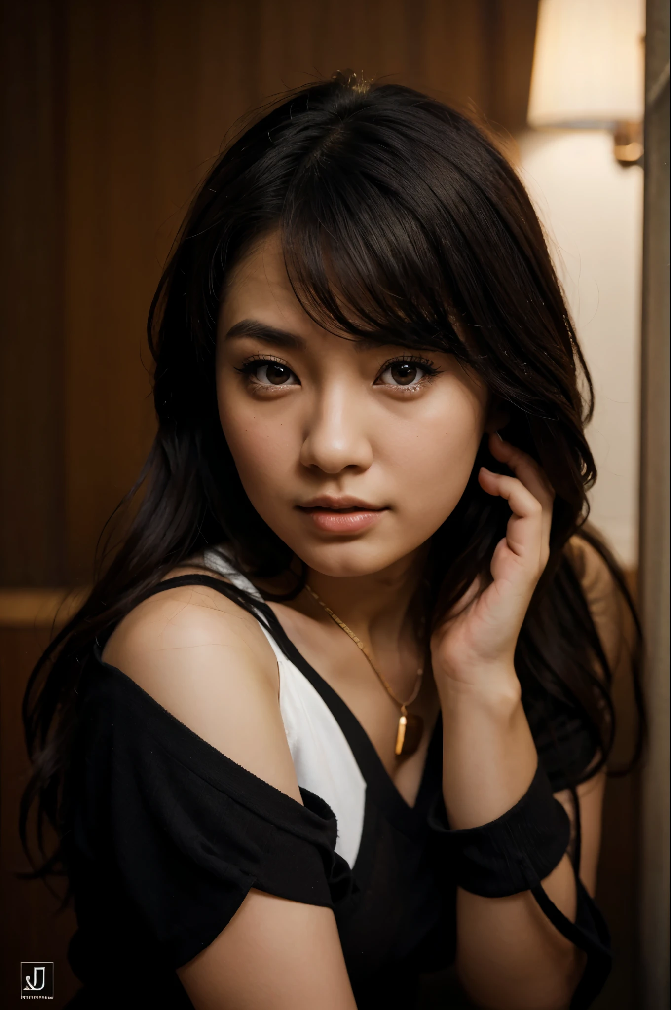 8K, RAW image, Young japanese women, pin-up girl, close-up, portrait, brown eyes, black hair, stockings, lot of jewellery, dark background