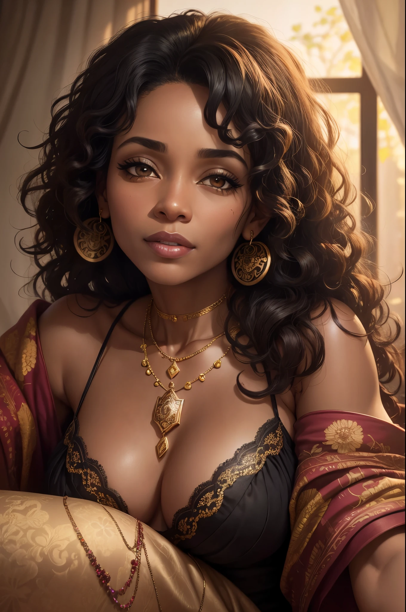8K, RAW image, Mature black woman lying in bed, close-up, portrait, brown eyes, black curly hair, lot of jewellery, floral background, window in the background