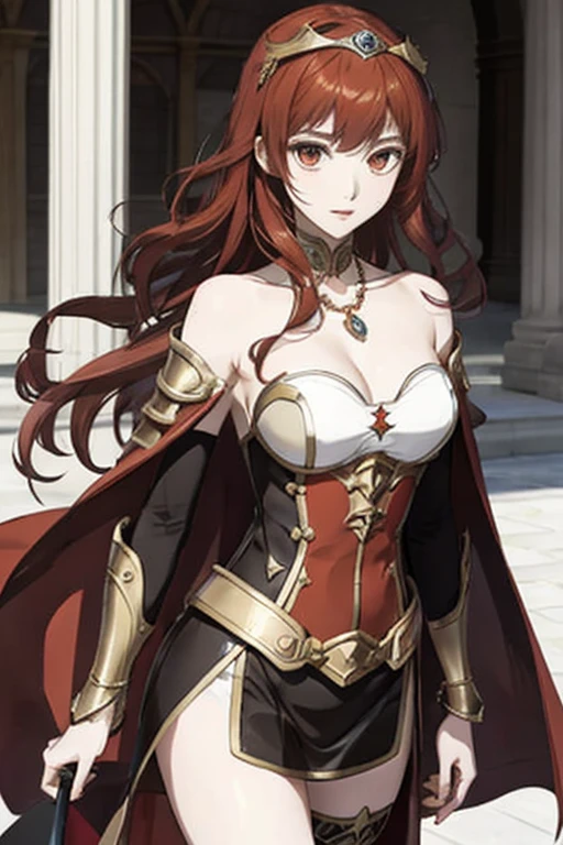 ((highest quality)), ((masterpiece)), (be familiar with), perfect face、The Enchanting Body of Celica（FE）、Red hair、best proportions、semi-long、necklace、bangle、circlet、luxury accessories、princess、have a sword、、Shoulders bare、cloak、evil depravity、black clothes、golden armor、Douma&#39;s Wife、Soul-draining、blank look、Bride of the Evil God、Dark Wedding、Engagement Rings