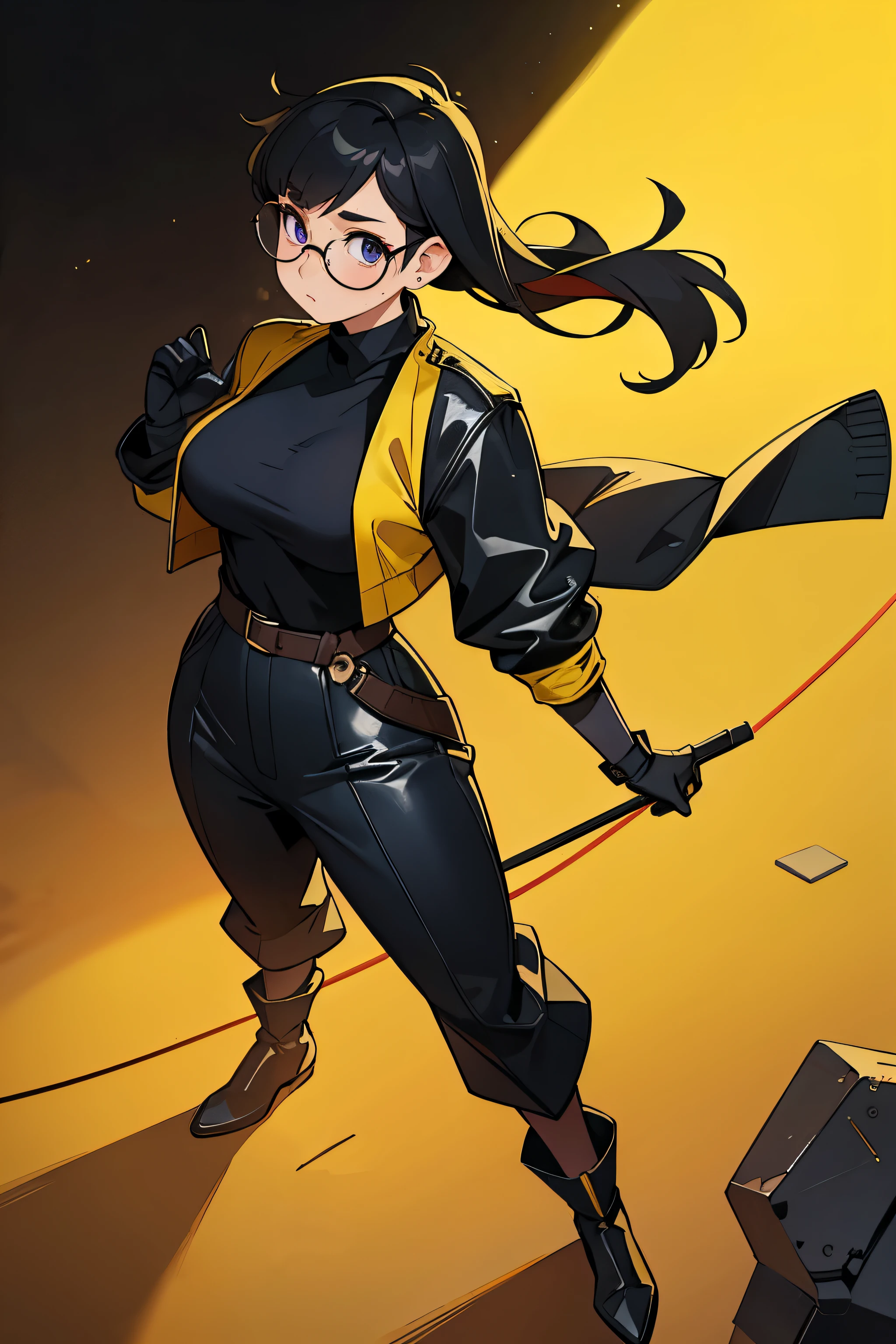 Wide angle shot, full body image, beautiful female fighter, wearing large glasses, black undercut hair, wearing large iron gloves, black and yellow Turtleneck outfit