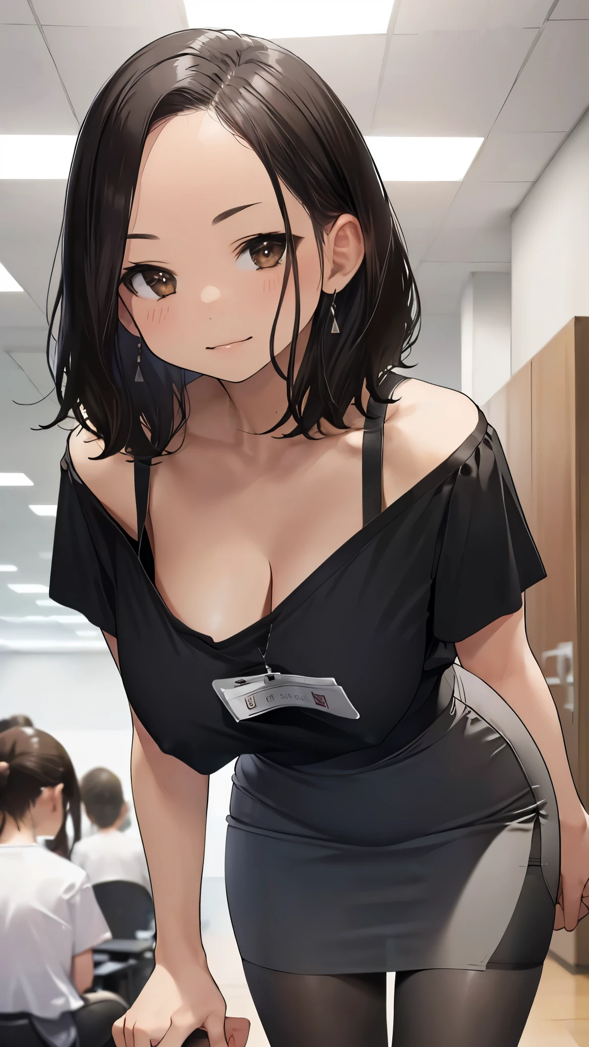 (8K、Highest image quality、highest quality、masterpiece)、detailed face、1 girl、 black hair、bob cut、wavy hair、((shaved bangs:1.2))、((Putting out your forehead:1.2))、evil smile、((very big breasts))、cleavage、((black t-shirt))、((brown pencil skirt))、((black pantyhose))、((bent over))、Shoot from the front、cowboy shot、((downblouse))、office