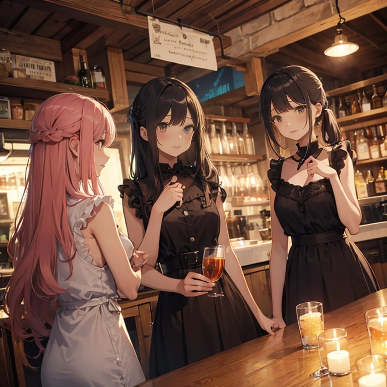 A group of girls, (in tavern), various hair styles, harem, night, details face, seducing, sleeveless, one-piece dress
