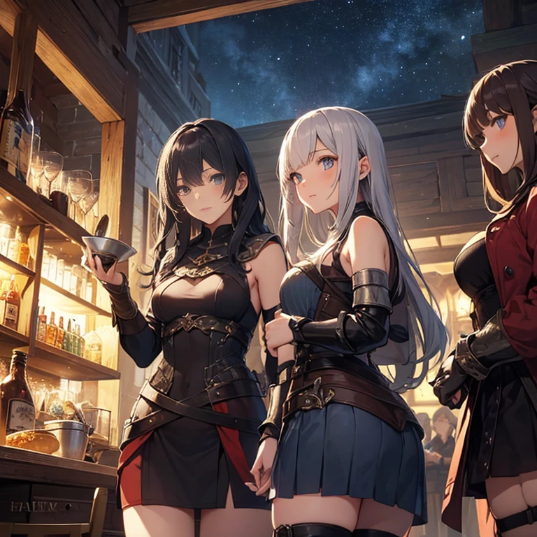 A group of  female medieval fantasy adventurers, (in tavern), various hair styles, harem, night, details face, short skirt, seducing, sleeveless, armor 