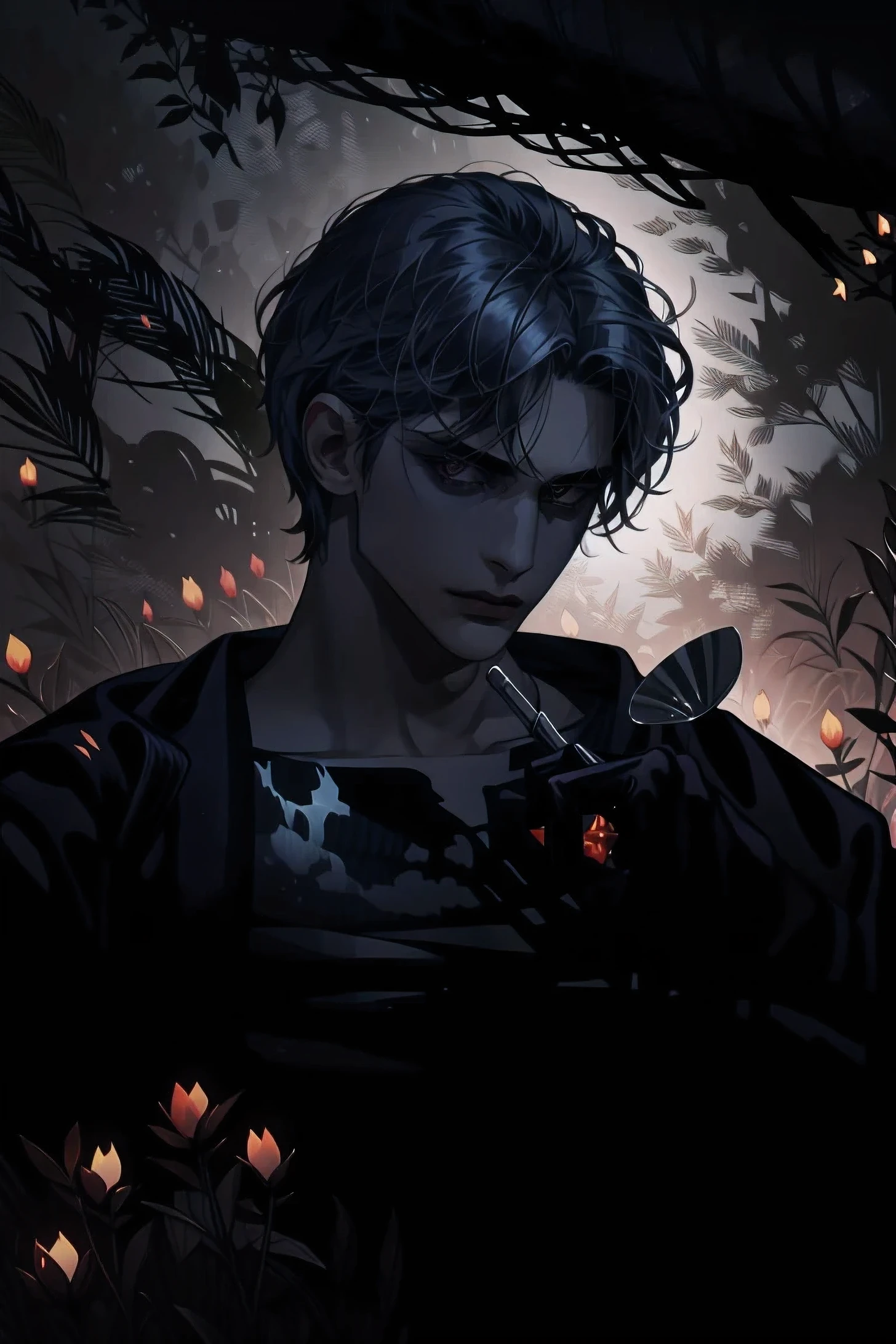 A portrait of good looking young man, he's a soul hunter clutching onto two sickles, he has beautiful and muscular body with glistening skin, he is very handsome but he has cursed hands, he has short silver hair and glowing purple eyes, wear a magic rag.