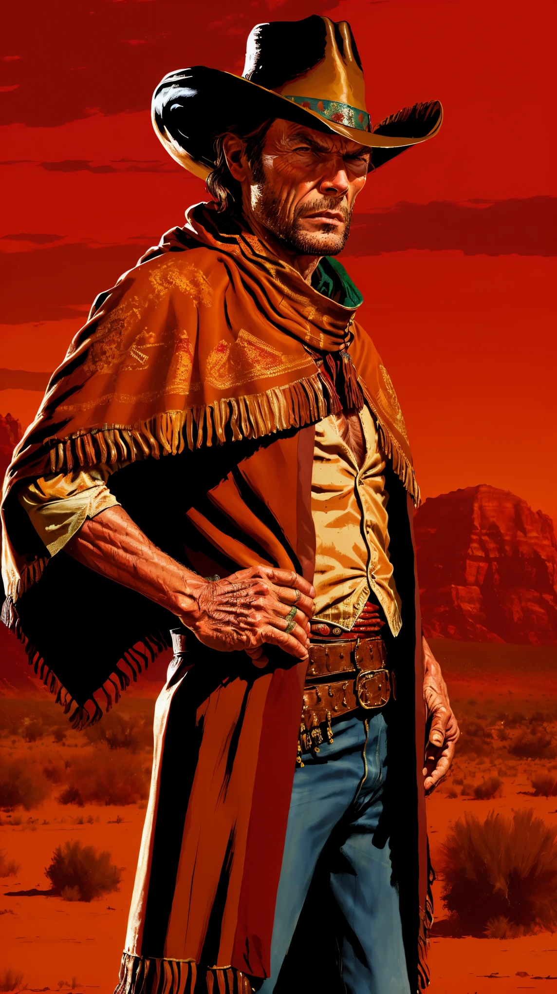 Estilo R3DD34D, pintura digital, Clint Eastwood, cowboy hat, (Poncho marrom brilhante:1.3), No deserto, (Red Sky:1.3)