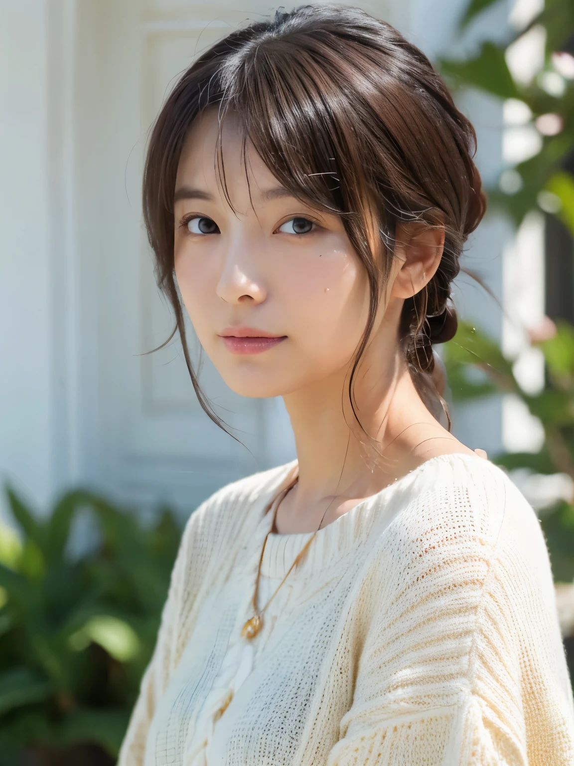 (Highly realistic photos, High resolution, detailed face, fine eyes), ((Photographed in front of a white wall))、japanese woman, 40 years old, Various expressions, alone:1, slim body shape, various hairstyles, casual clothes, 写真の中でalone、Long sleeve dress、Photographed in natural light、Simple Necklace、Spring Clothes、Don't look at the camera、profile、Dark Brown Hair Color