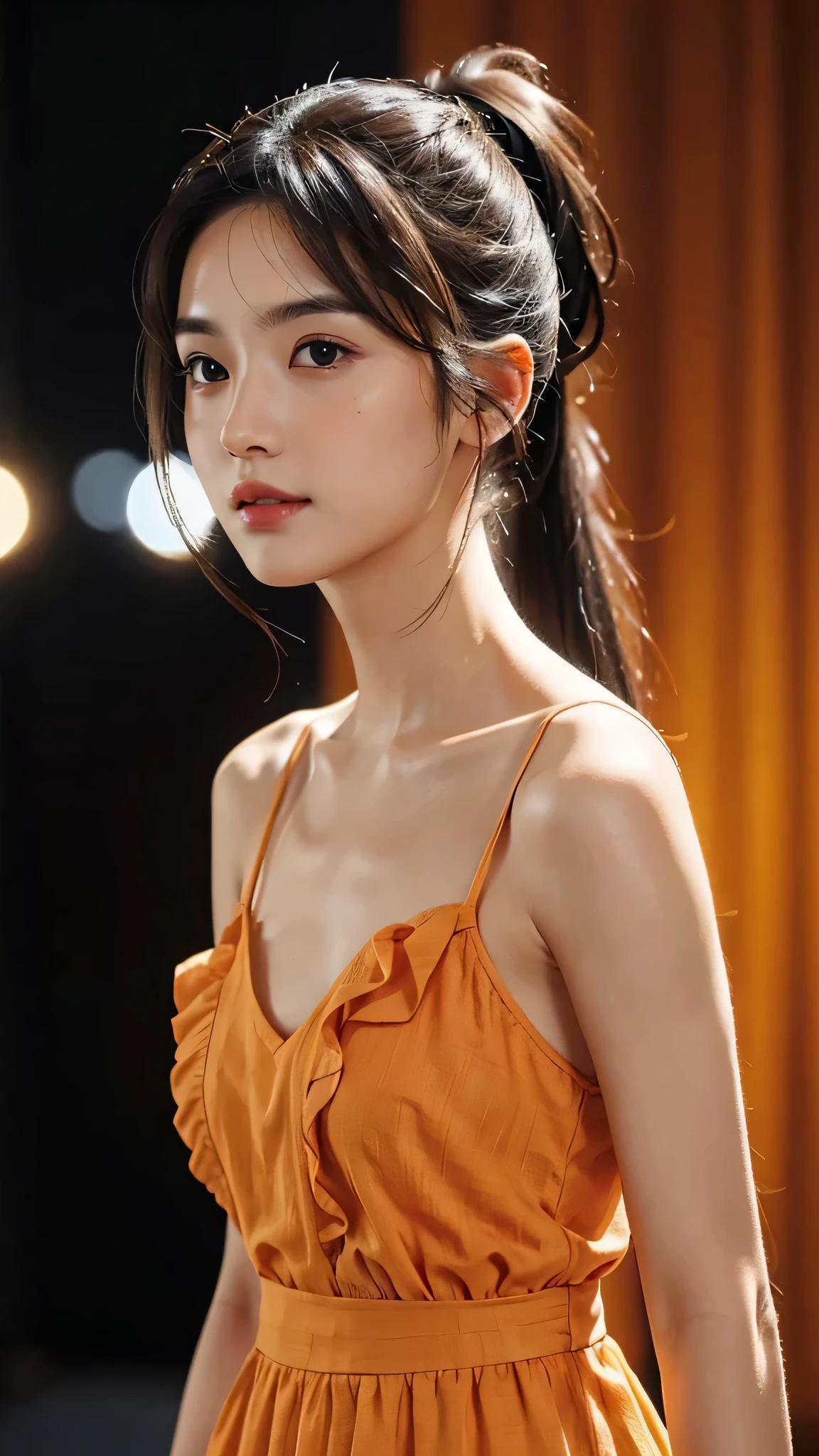 Spotlight on stage,close-up of face,One woman,fully body photo,masutepiece, The highest image quality, High quality, the background is clear,Beautiful woman, Japanese, Detailed, Detailed eyes, Detailed skin, Beautiful skin, 超hight resolution, (reality: 1.4),Very beautiful woman, Slightly younger face, Beautiful skin, slender, (Ultra photo realsisim), (hight resolution), (8K), (Very detailed) (beautifully detailed eyes), (super detailed), (Detailed face), view the viewer, Fine details, Detailed face, Staring straight ahead, Staring straight ahead, photos realistic, Bright lighting, Professional Lighting, Black hair,poneyTail,a baby face,sixteen years old,Hairstyle is ponytail,long ponytail hairstyle,slight smile,Orange colored long dress with lots of ruffles, softly shaped skirt,